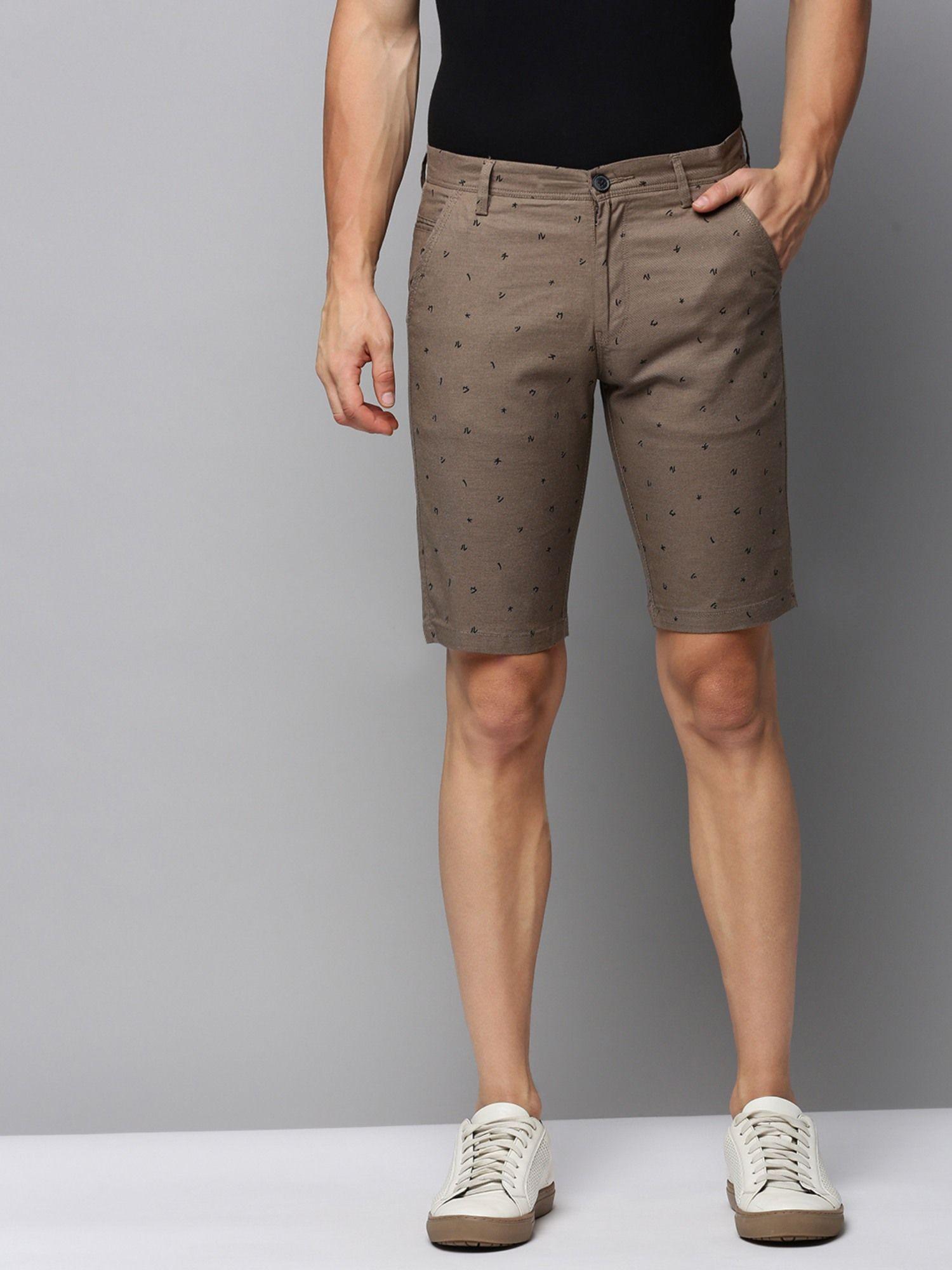 mens knee length printed taupe mid-rise regular shorts