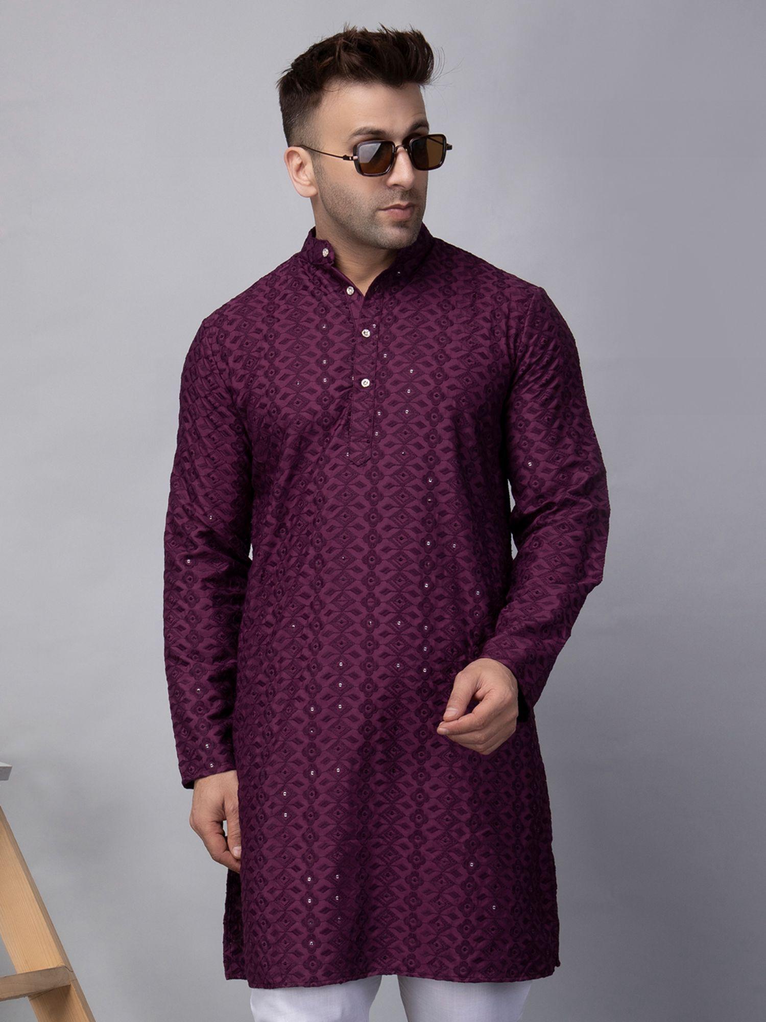 mens knee length purple sequin embroidered kurta