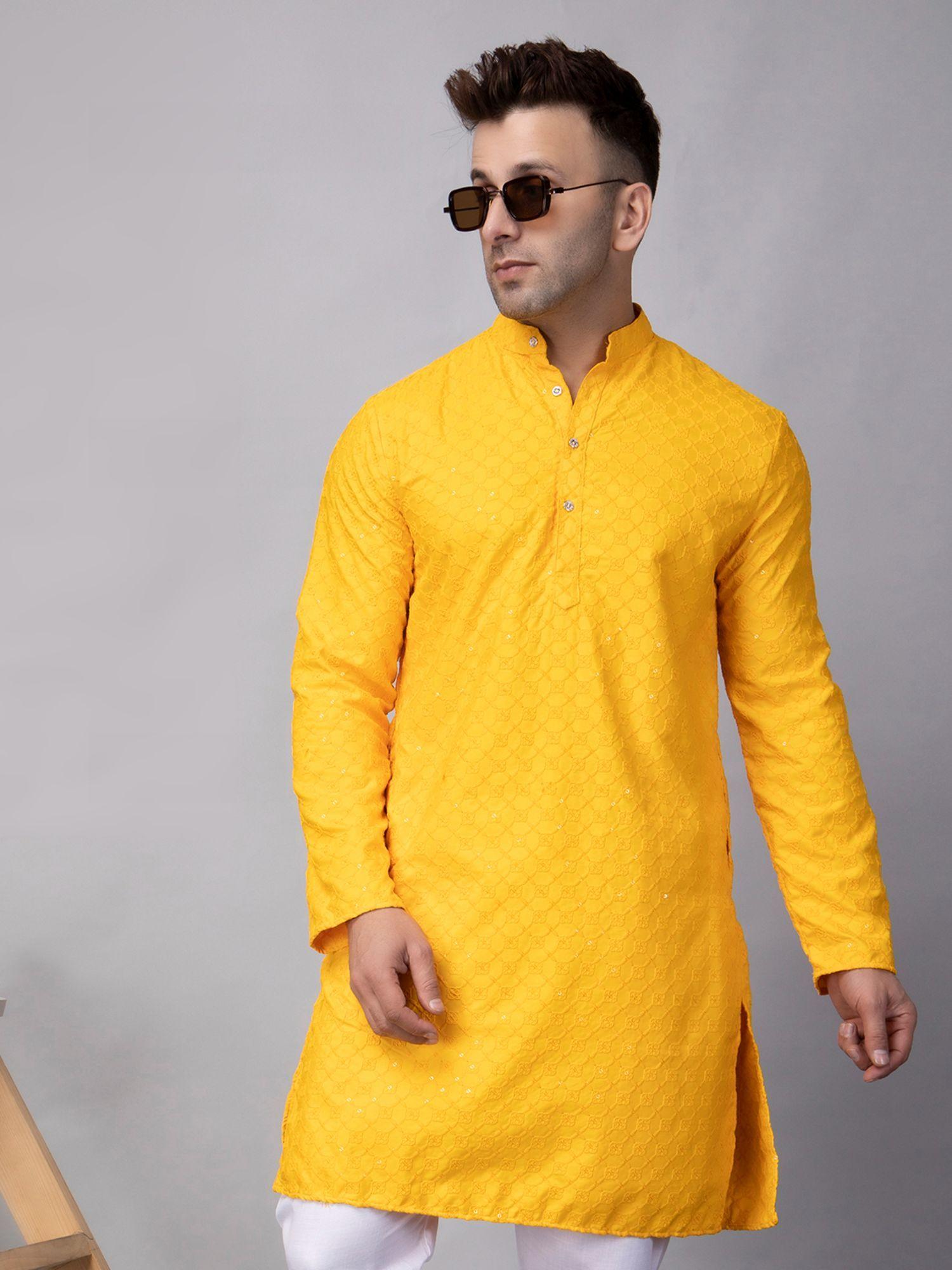 mens knee length yellow embroidered sequin chifley kurta