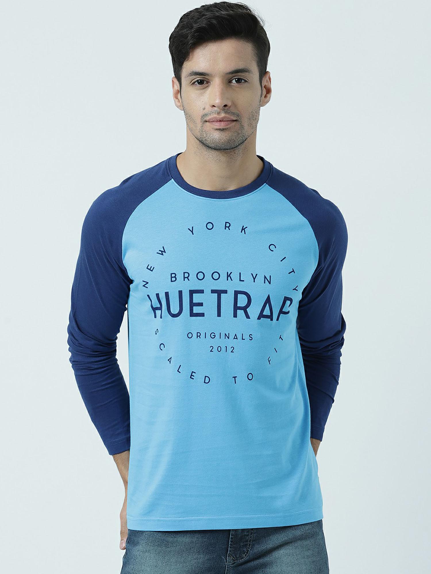 mens knitted regular fit round neck full sleeve colorblock tee- blue