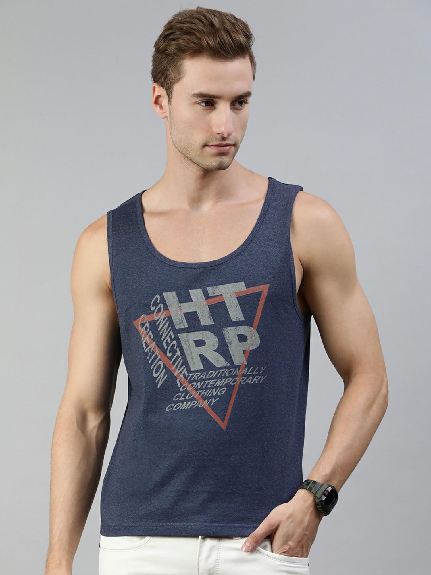 mens knitted regular fit round neck sleeveless graphic tee- navy blue