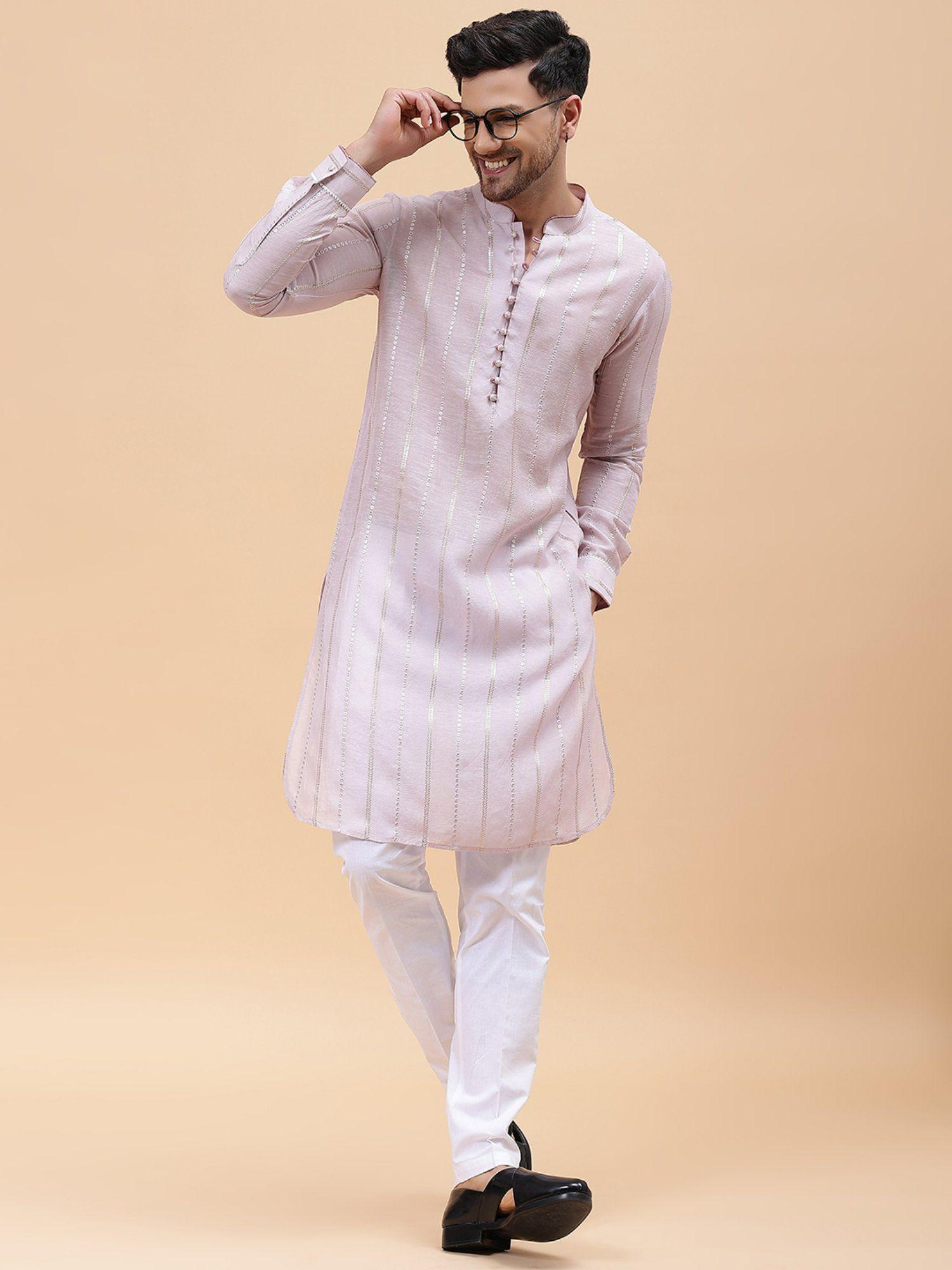 mens lavender zari wark silk woven design straight kurta with pyjama (set of 2)