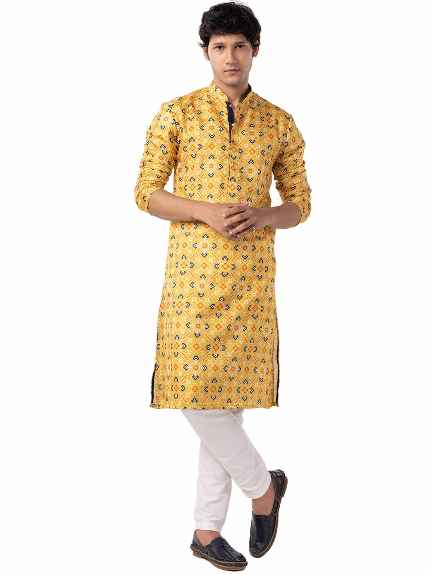 mens lemon yellow tussar silk printed ethnic kurta