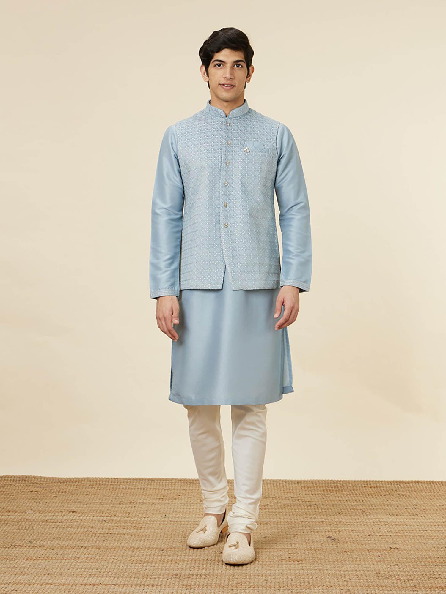 mens light blue art silk kurta jacket pyjama (set of 3)