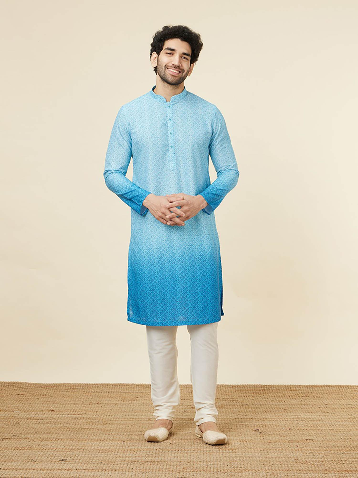 mens light blue blended cotton kurta