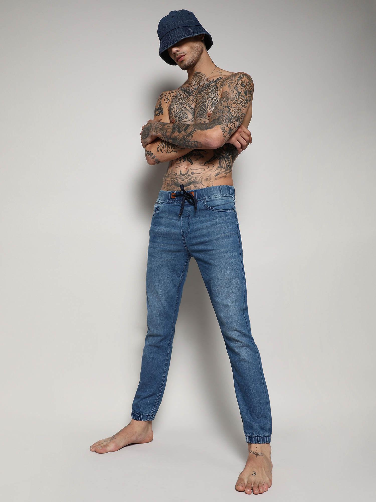 mens light blue cinched hem denim jeans