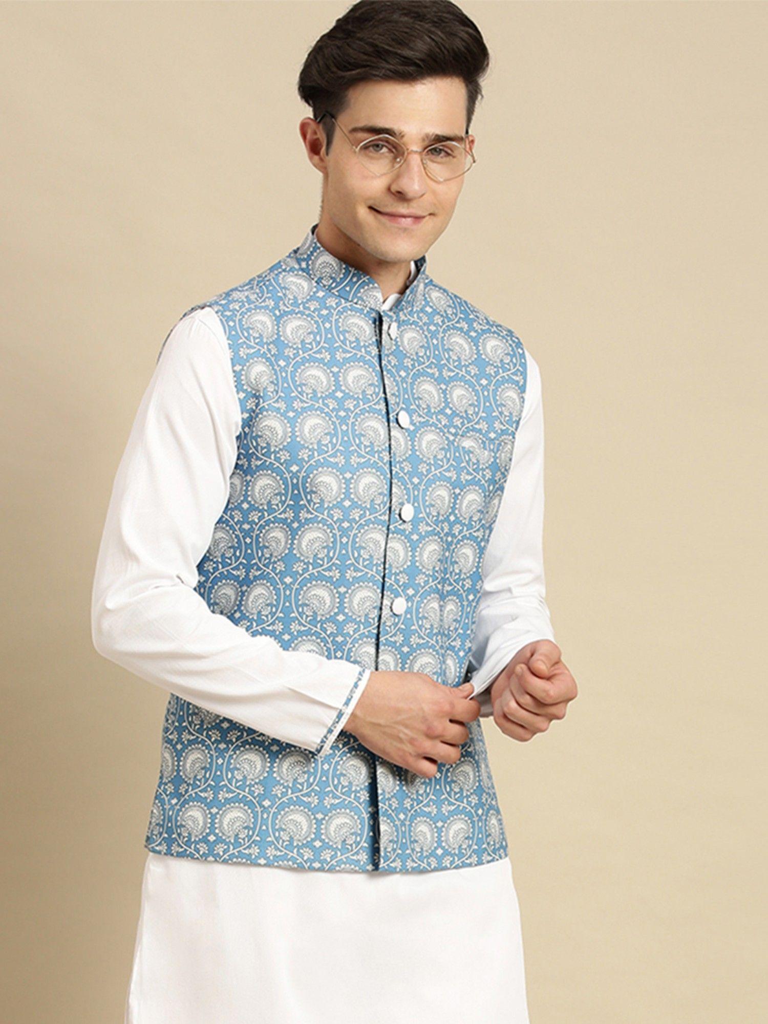 mens light blue printed art silk ethnic bandi jacket