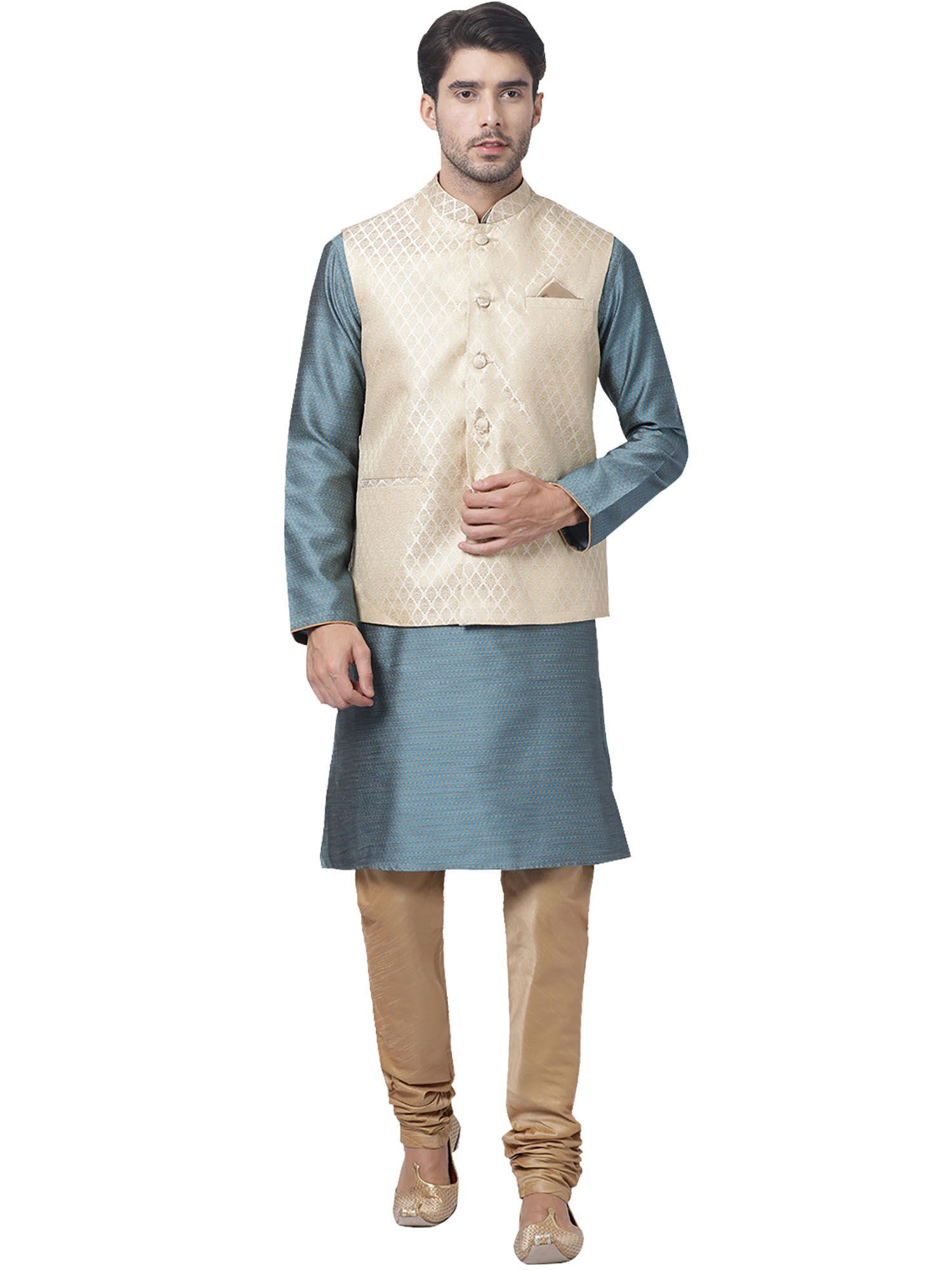 mens light blue silk blend jacket, kurta and pyjama (set of 3)