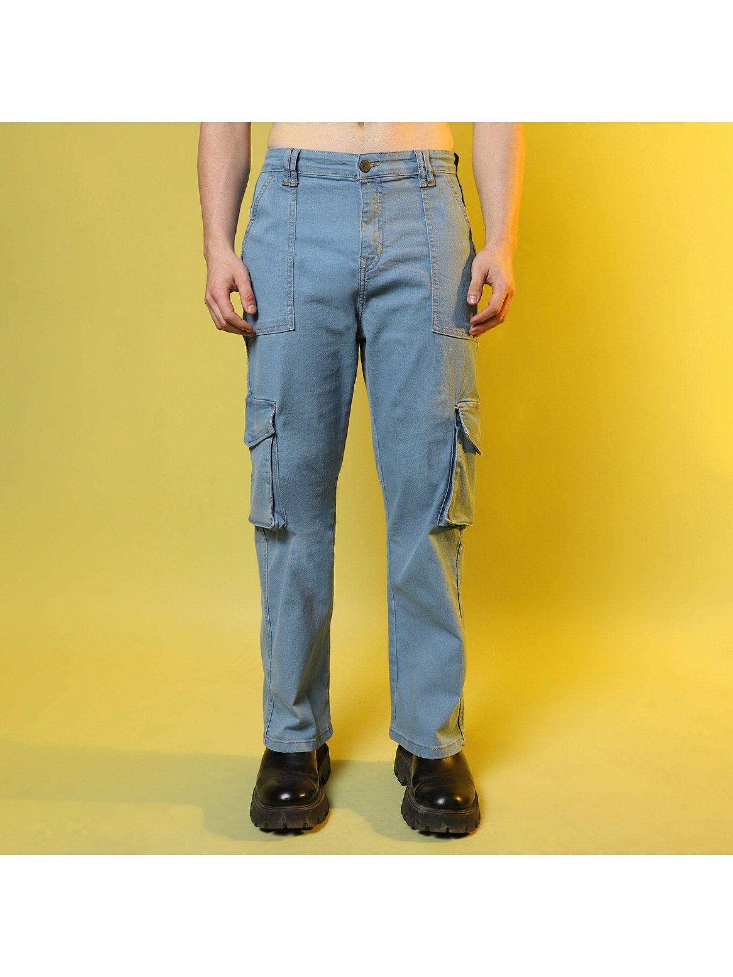 mens light blue utility cargo denim jeans