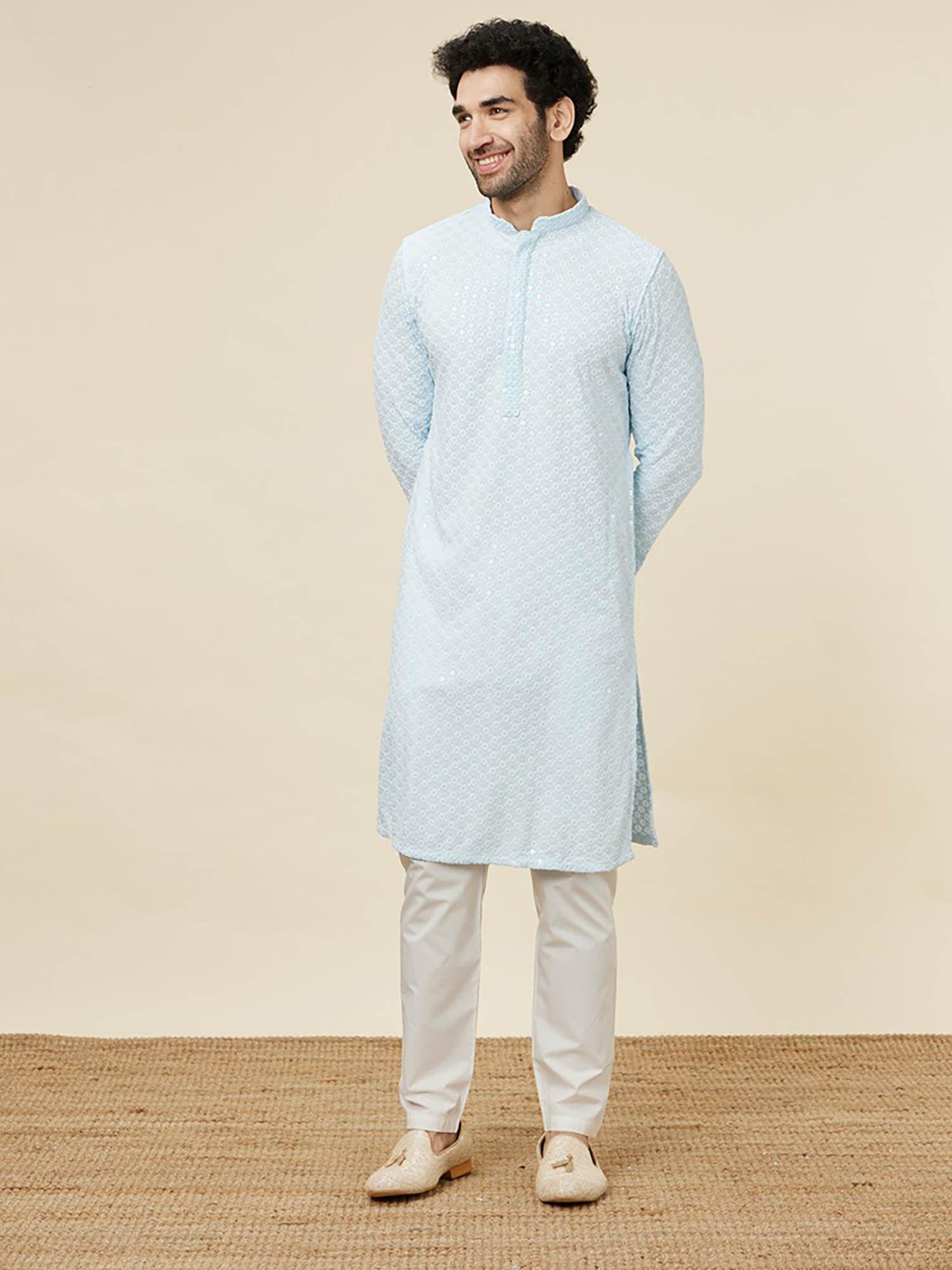 mens light blue viscose kurta pyjama (set of 2)