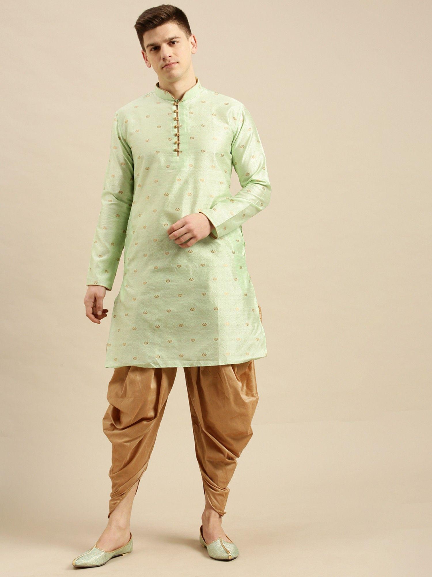 mens light green woven jacquard ethnic kurta (set of 2)