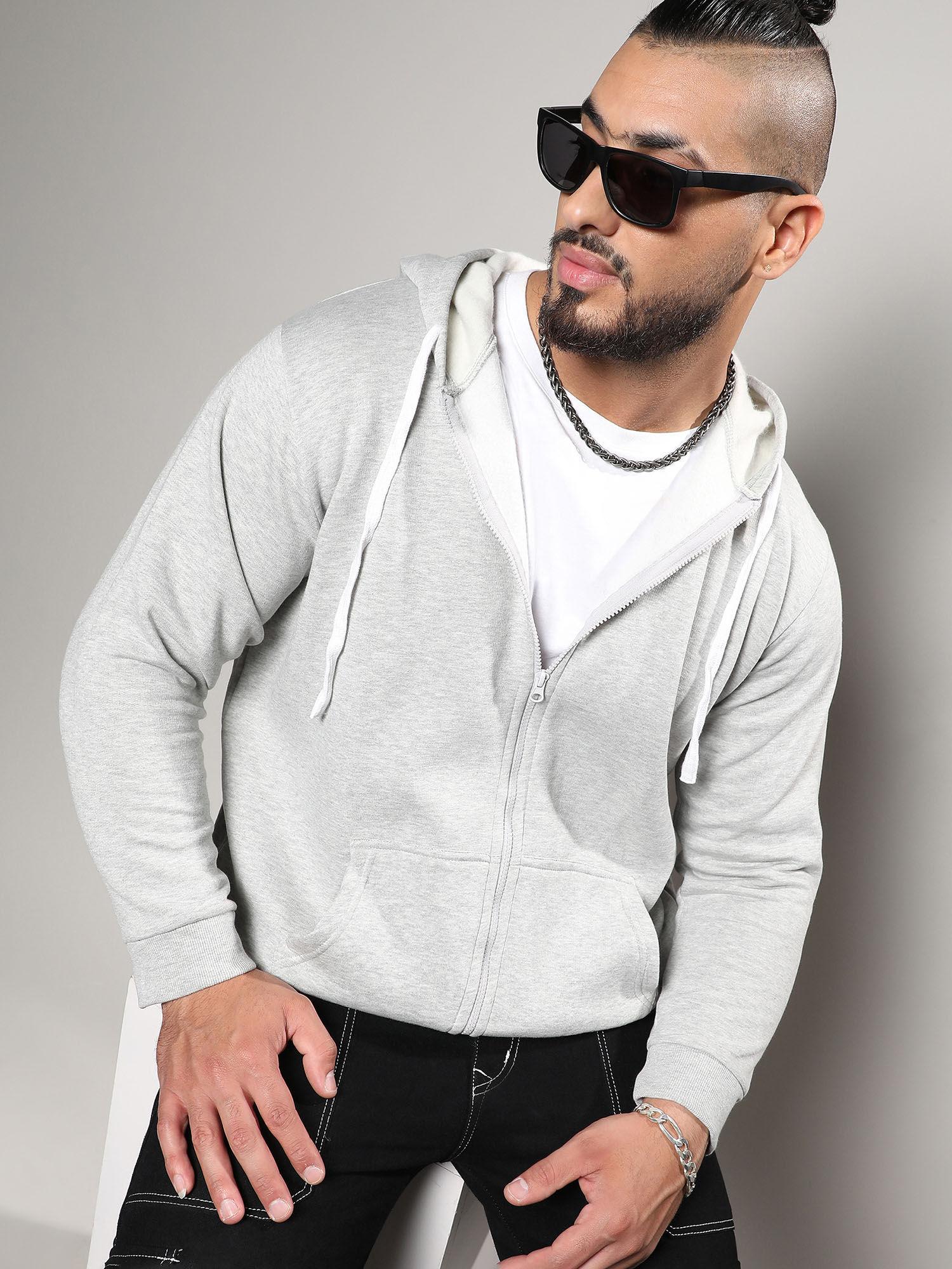 mens light grey zip front hooded sweatshirt with contrast drawstring