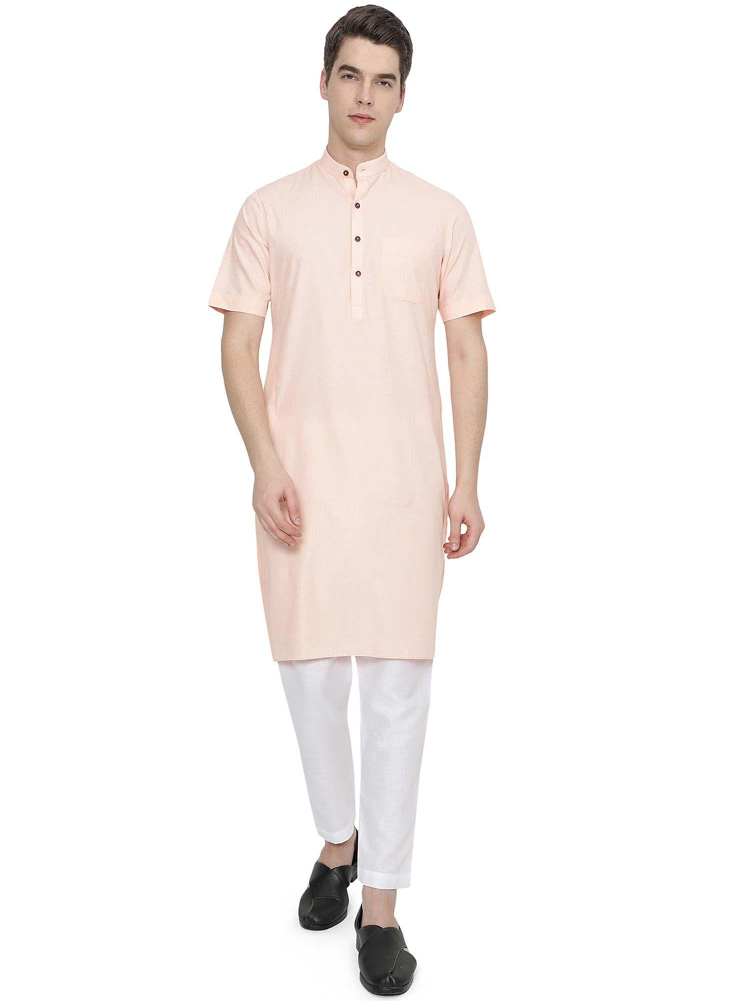 mens light pink cotton regular fit solid modi kurta