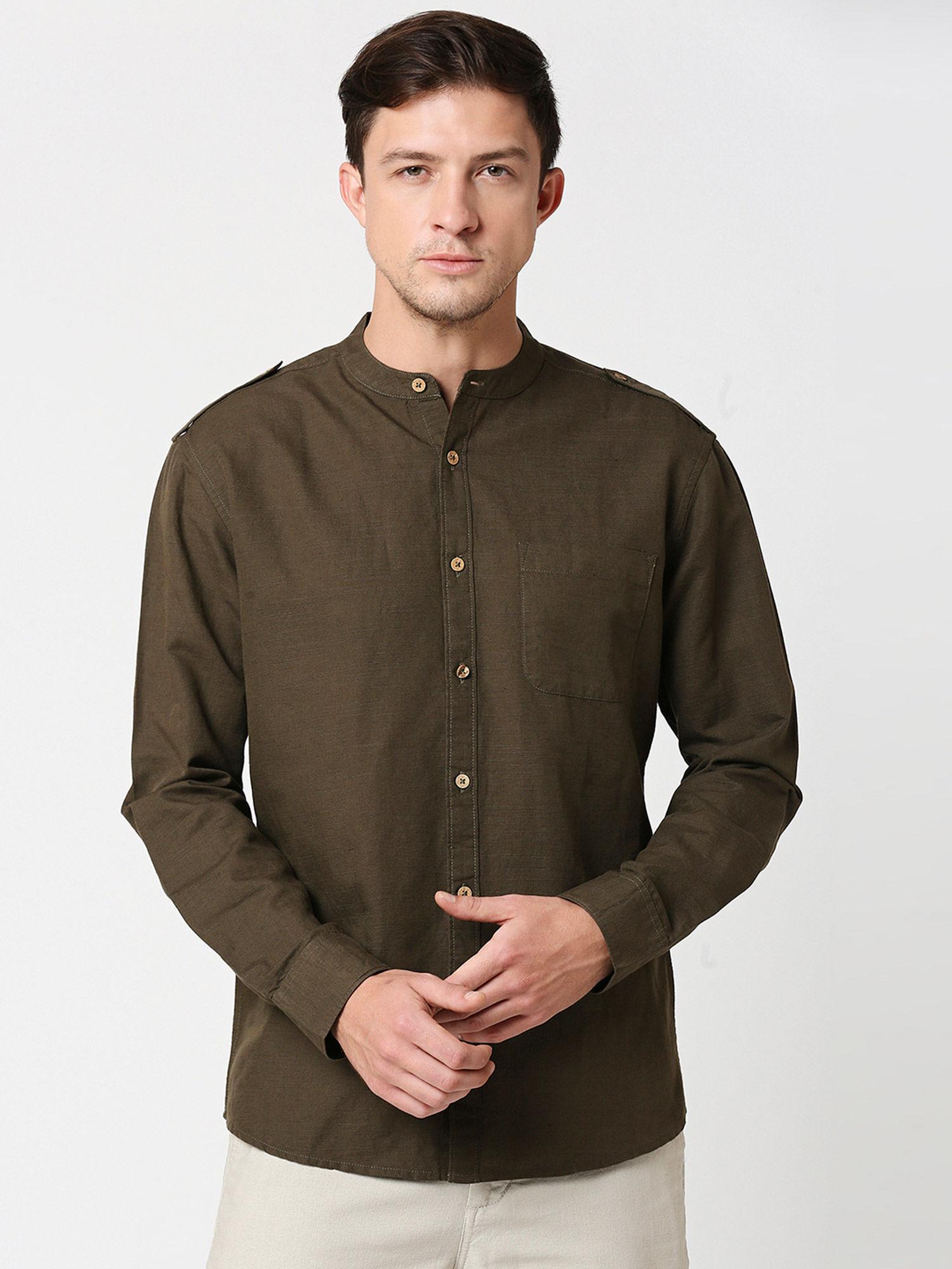 mens linen mandarin collar pocket full sleeves formal shirt