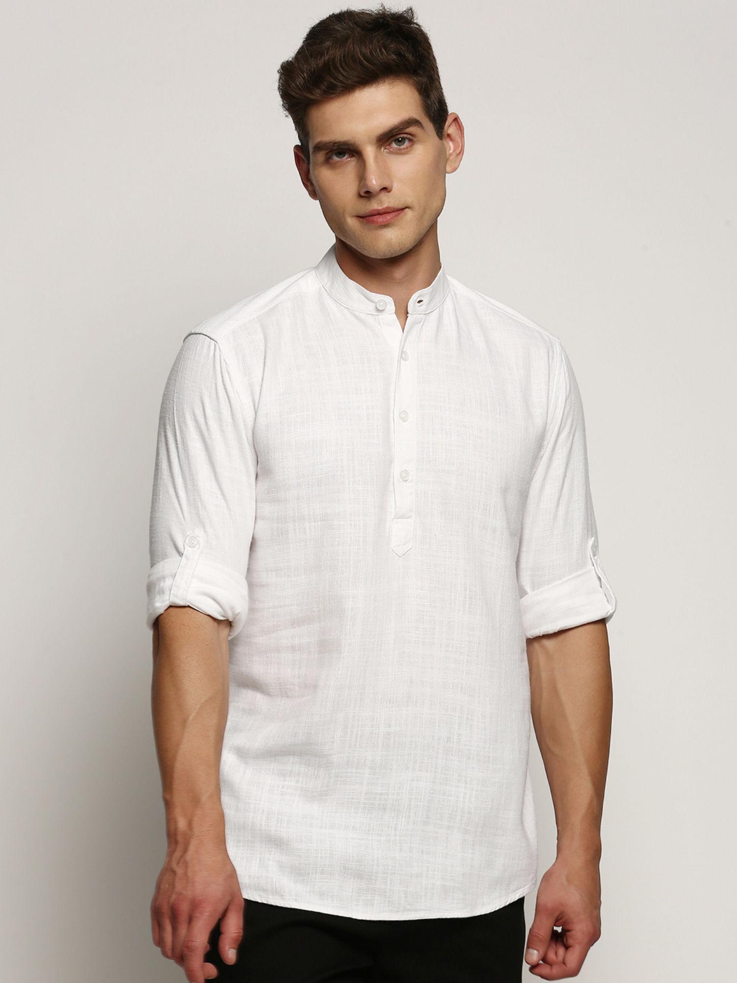 mens long sleeves mandarin collar white solid short kurta