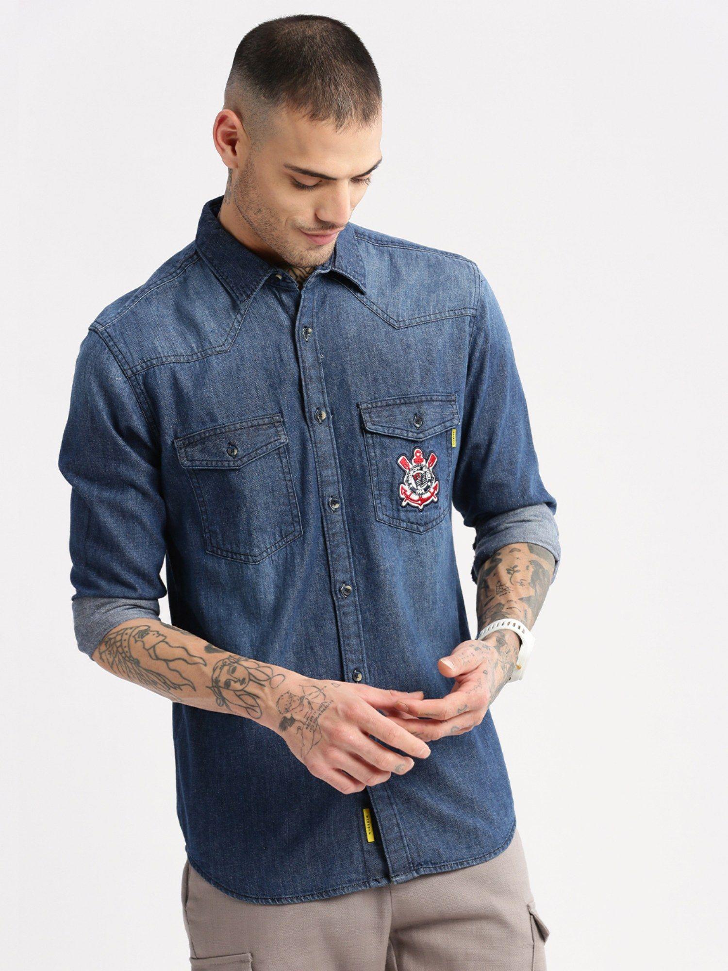 mens long sleeves spread collar denim printed navy blue casual shirt