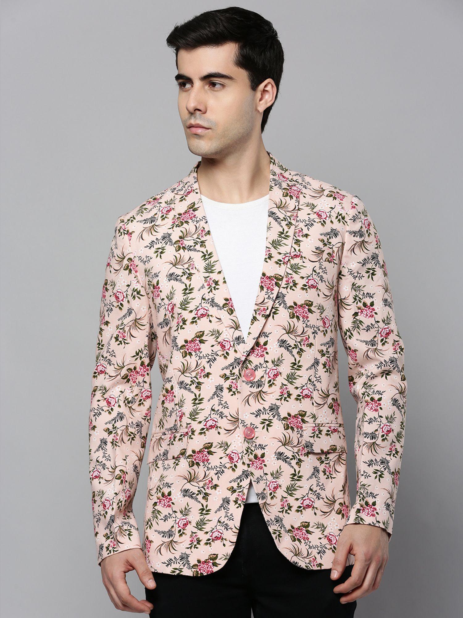 mens mandarin collar printed peach open front blazer