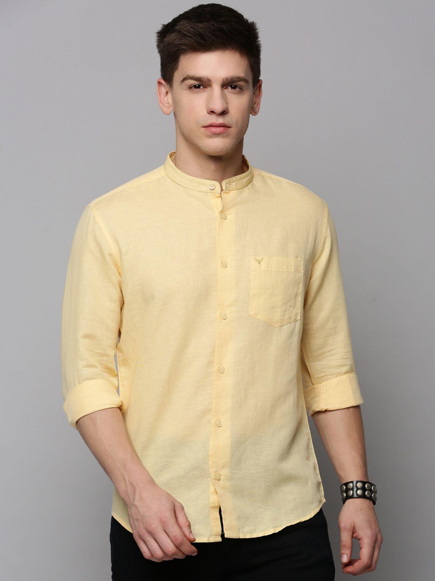 mens mandarin collar yellow solid shirt