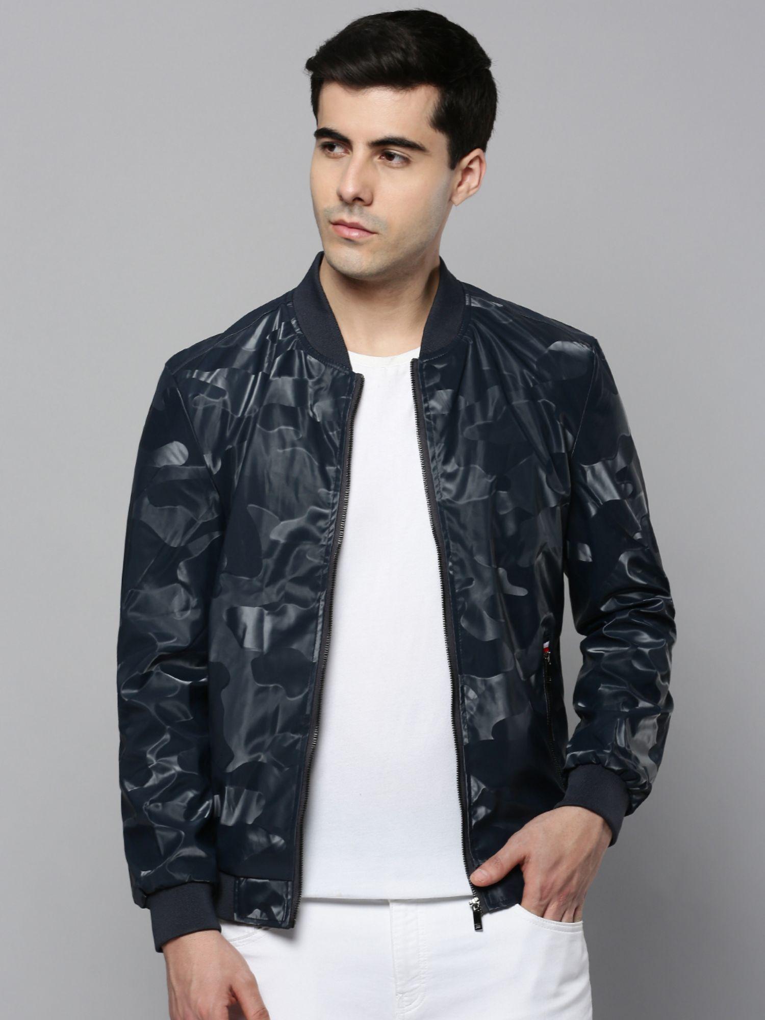 mens mandarin navy blue solid leather jacket