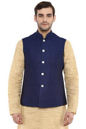 mens mao collar slub nehru jacket - blue