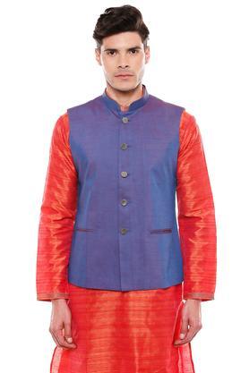 mens mao collar slub nehru jacket - mid blue