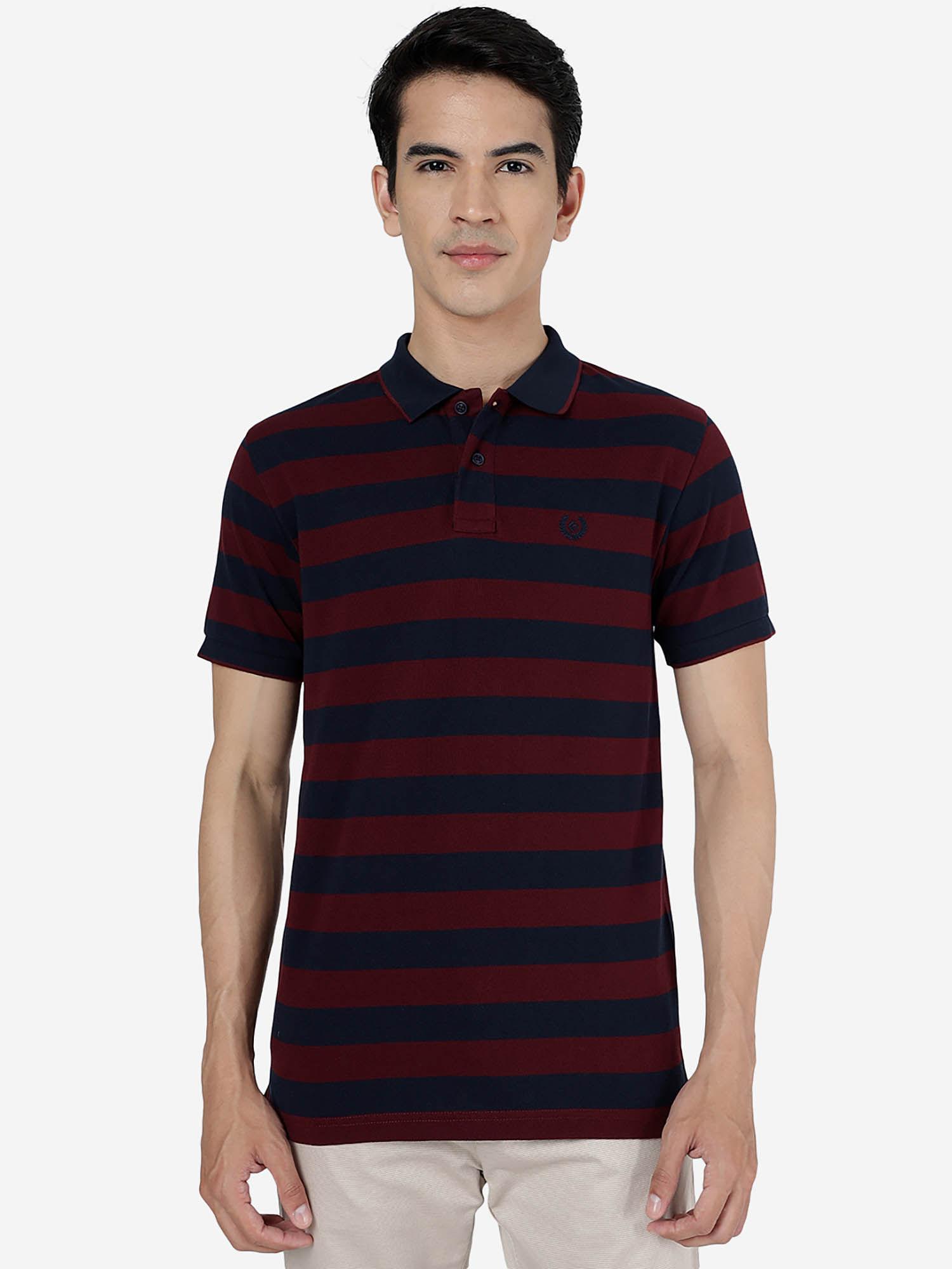 mens maroon & navy striped slim fit polo t-shirt