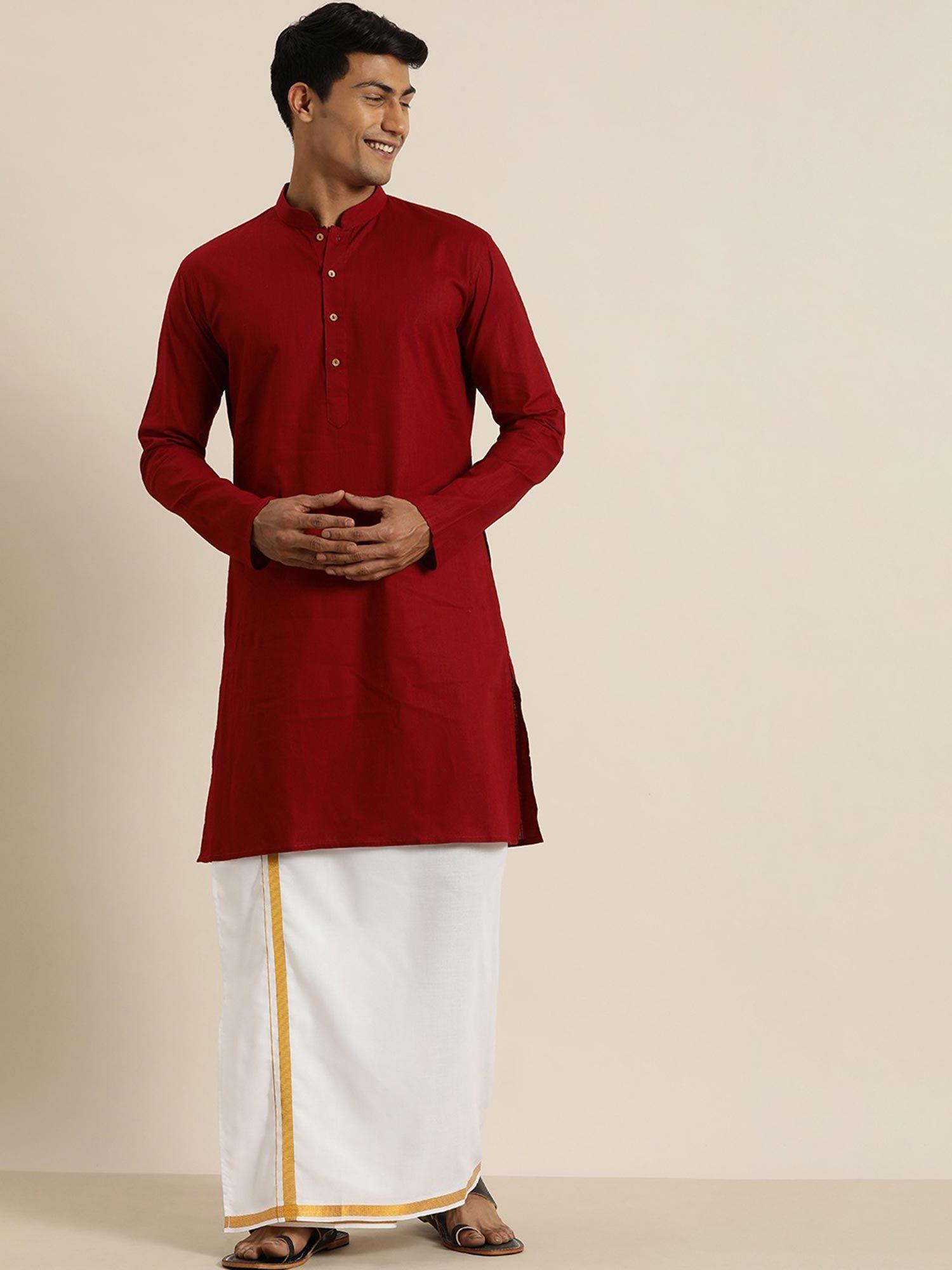 mens maroon & white cotton blend kurta with mundu (set of 2)