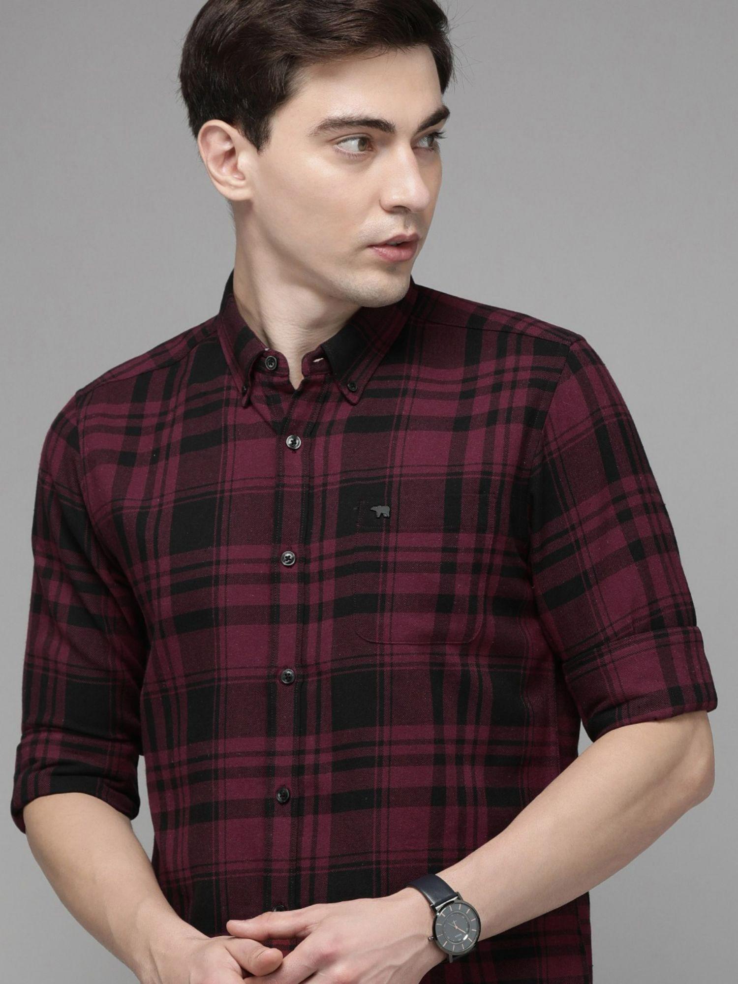 mens maroon checked flannel slim fit casual shirt