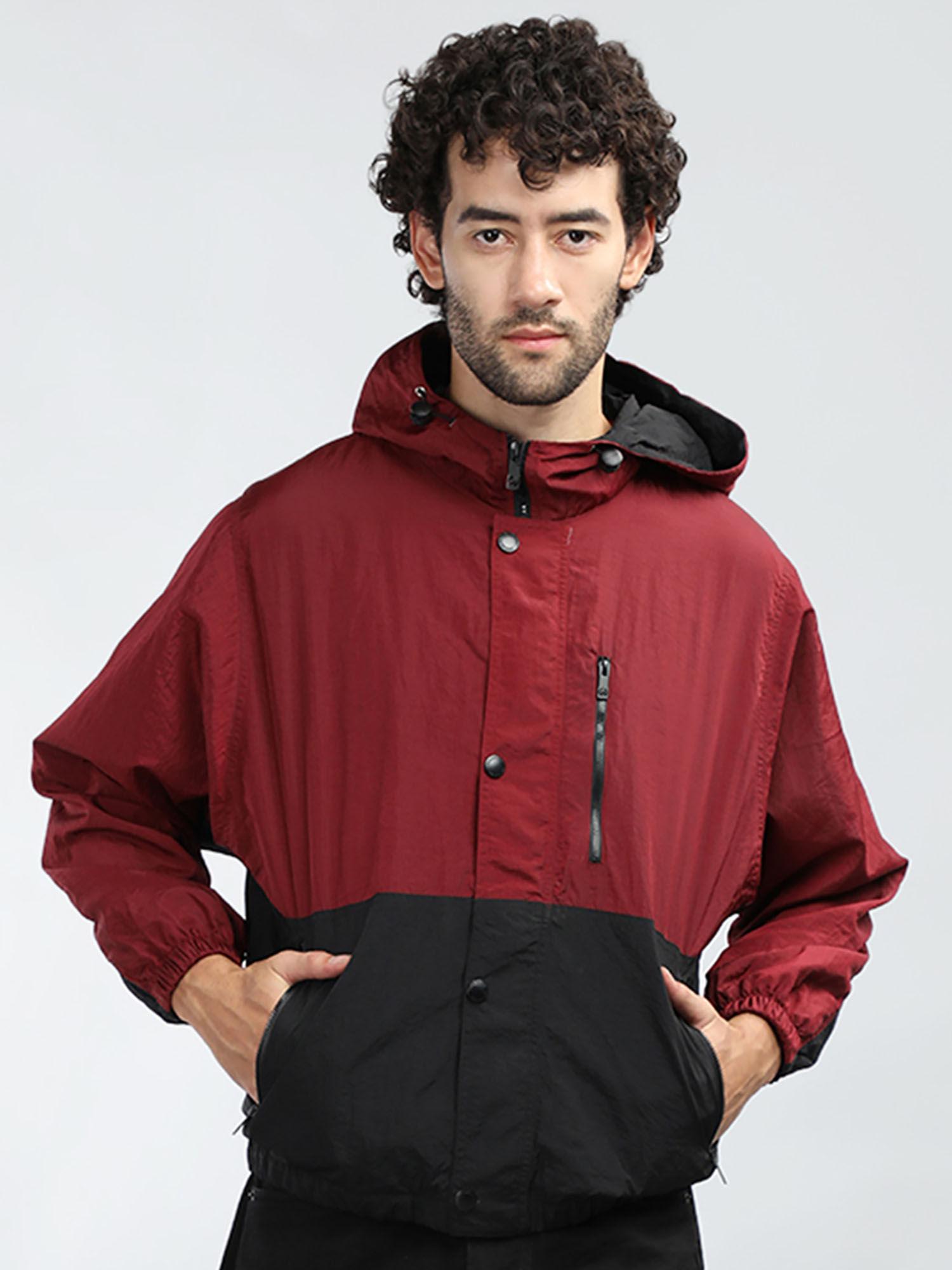 mens maroon colorblock full sleeves hooded jacket