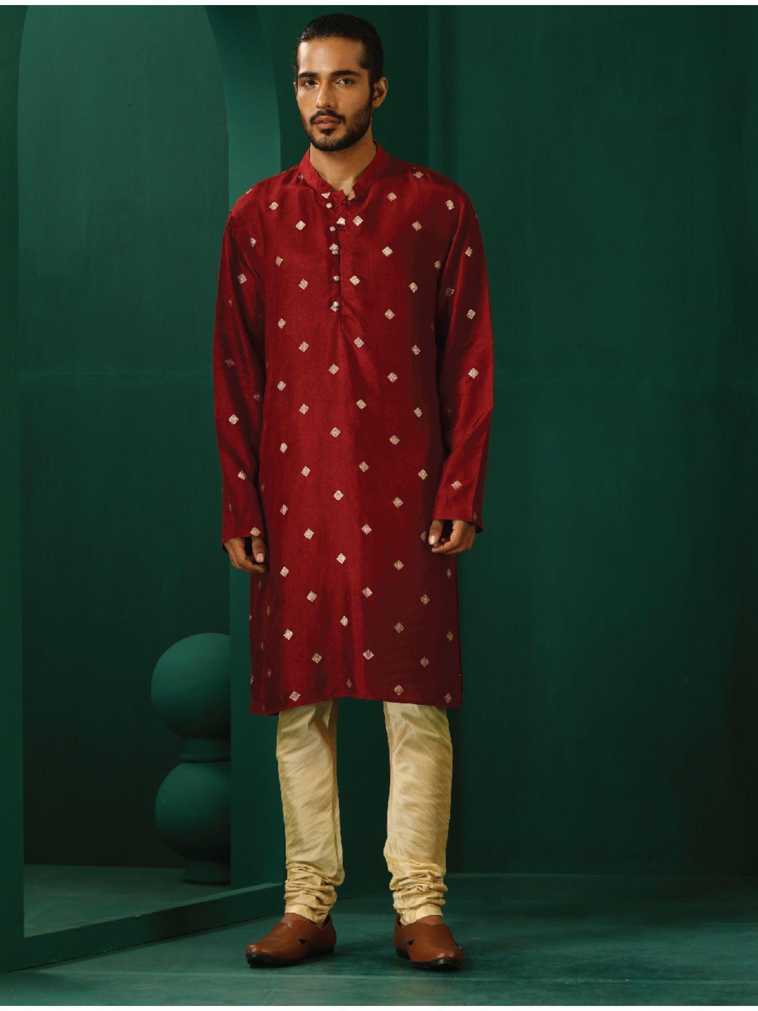 mens maroon diamond viscose silk printed long kurta