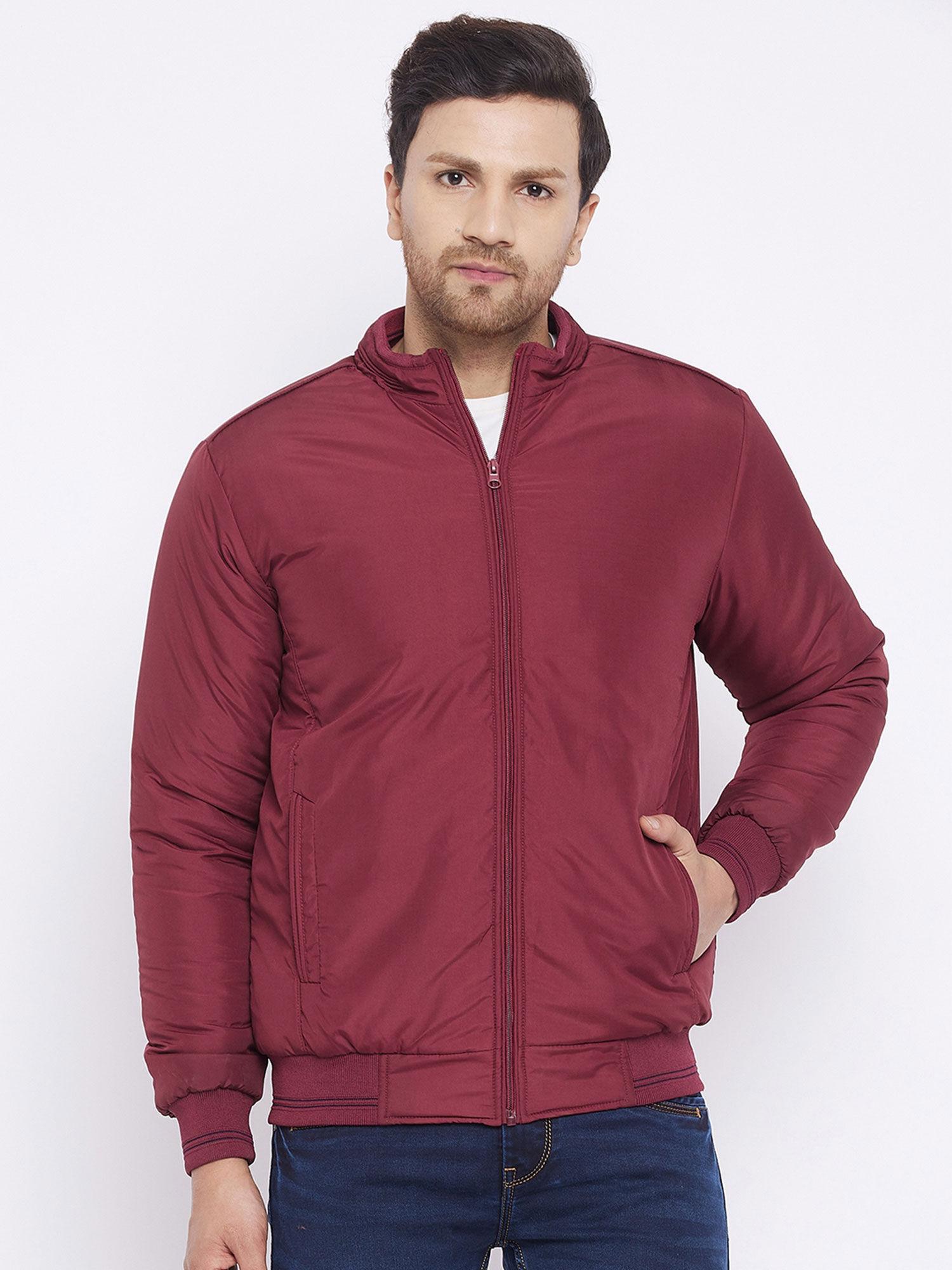 mens maroon full sleeves solid zipper jacket