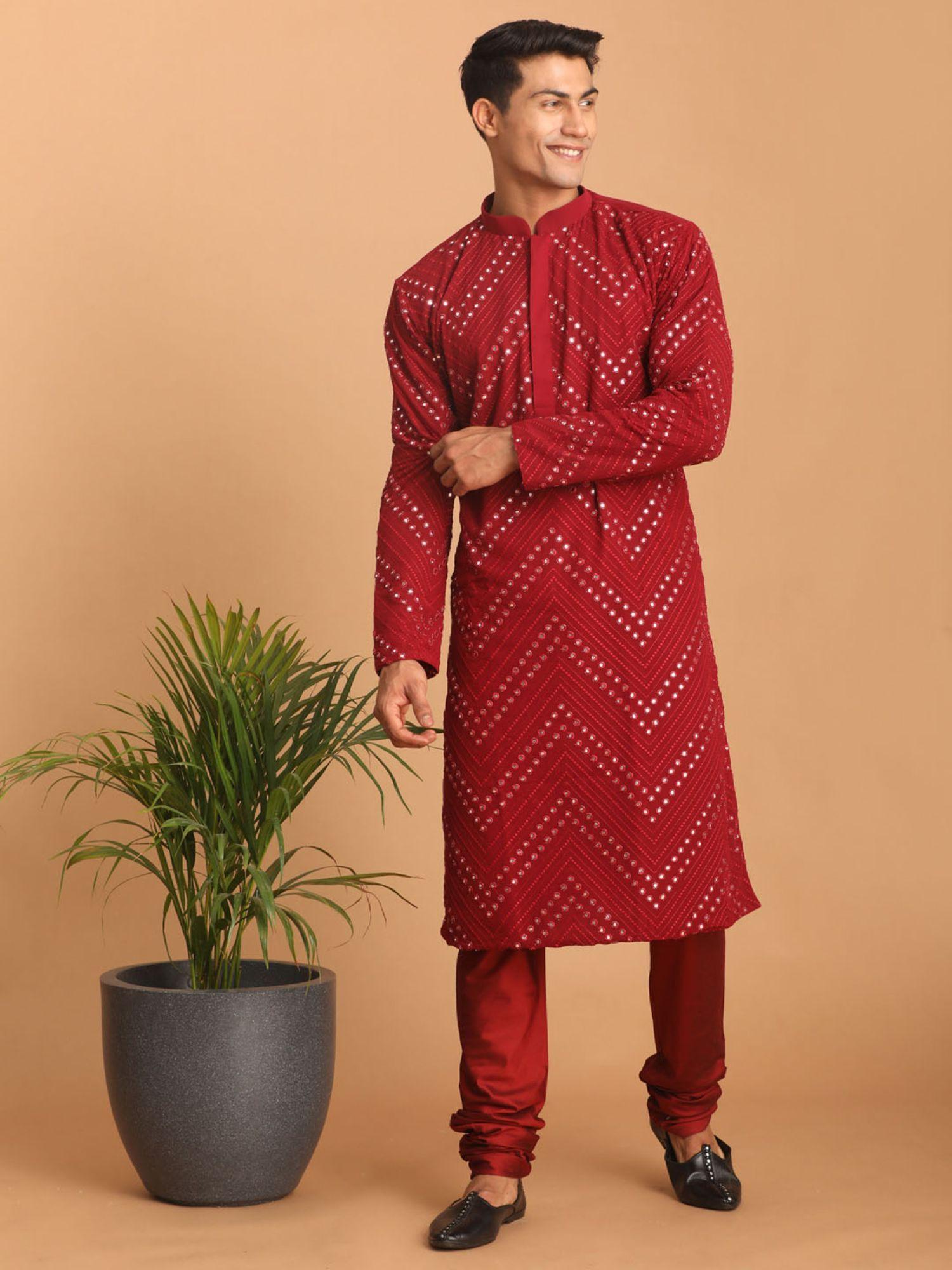 mens maroon georgette kurta and pyjama (set of 2)