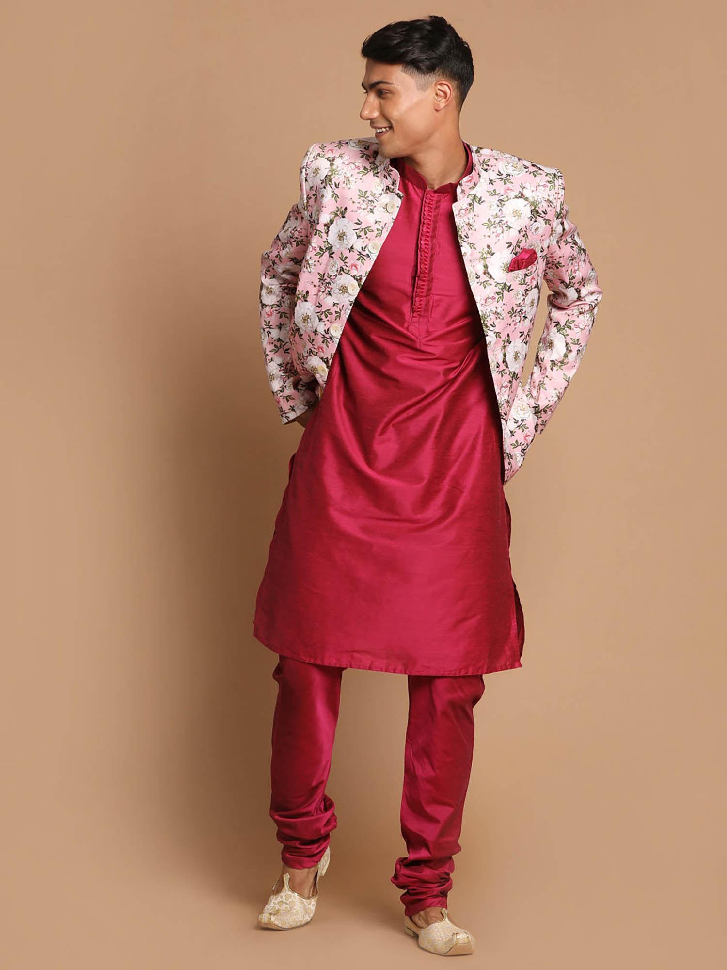 mens maroon poly viscose ethnic jacket kurta and pyjama (set of 3)