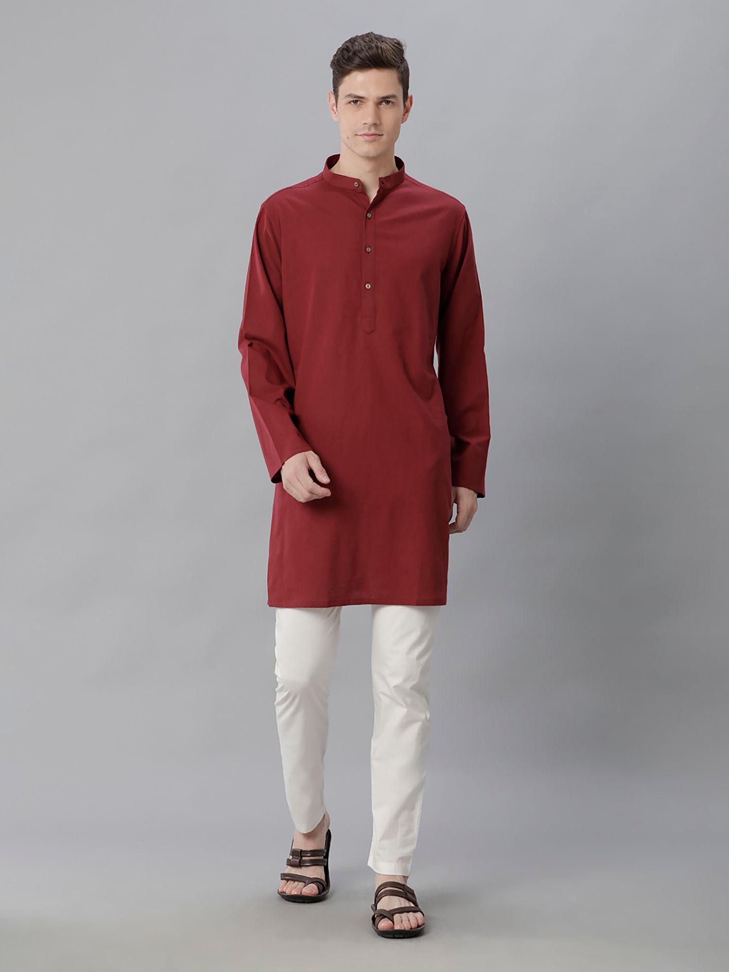 mens maroon solid cotton linen kurta