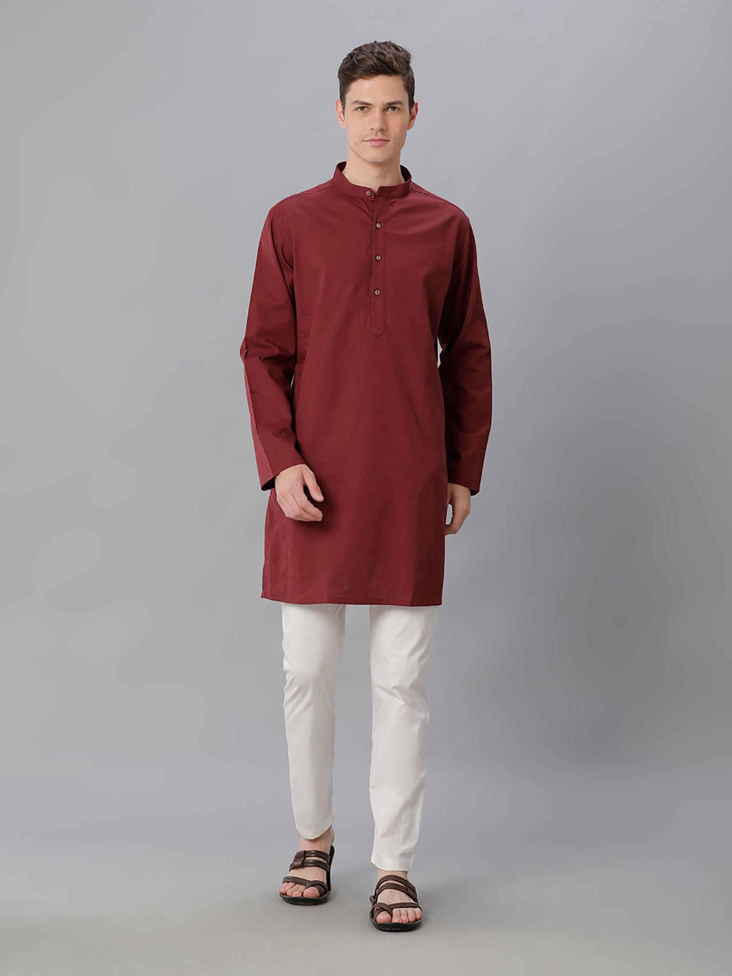 mens maroon solid cotton linen kurta