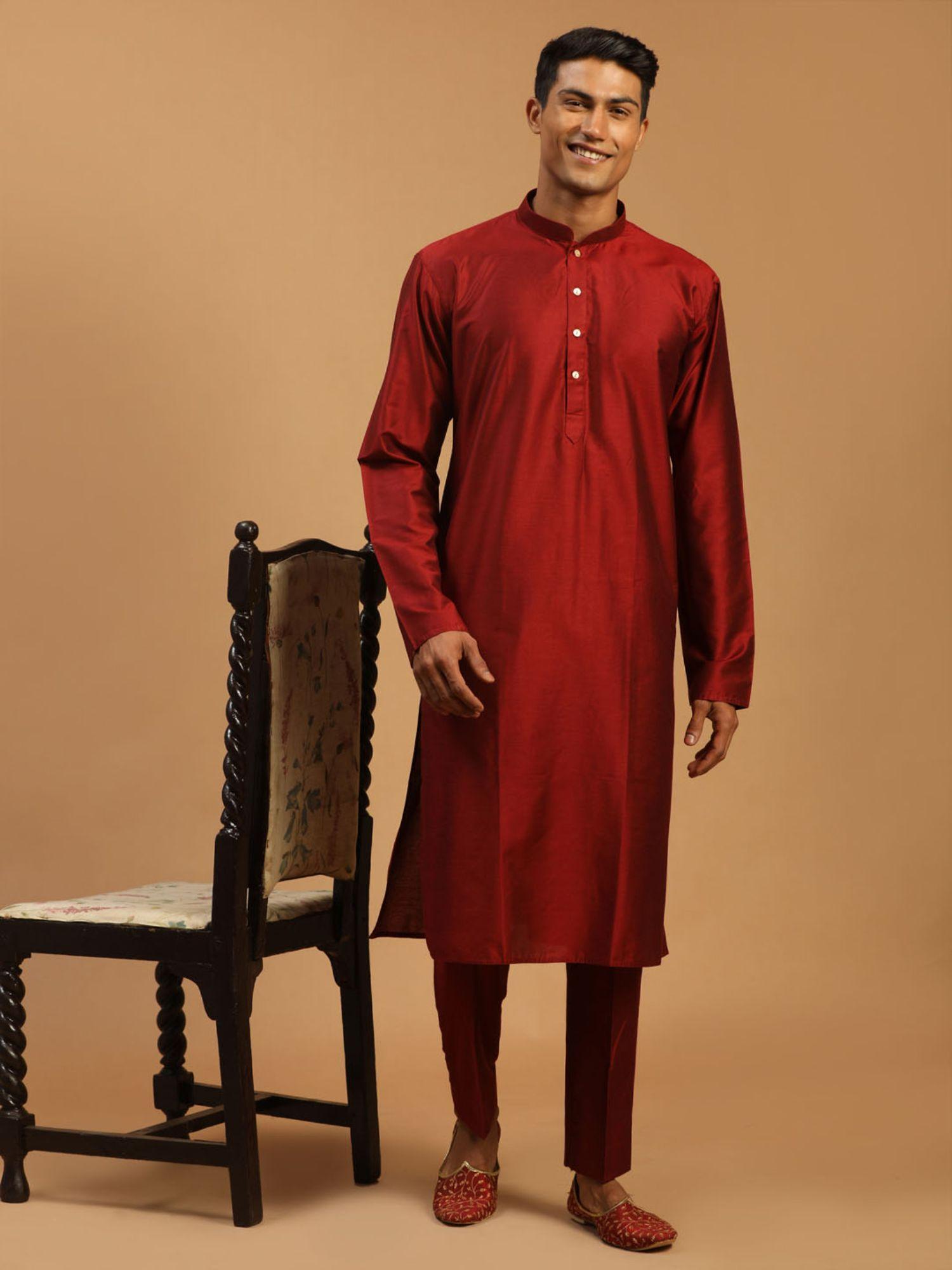 mens maroon viscose kurta and pyjama (set of 2)