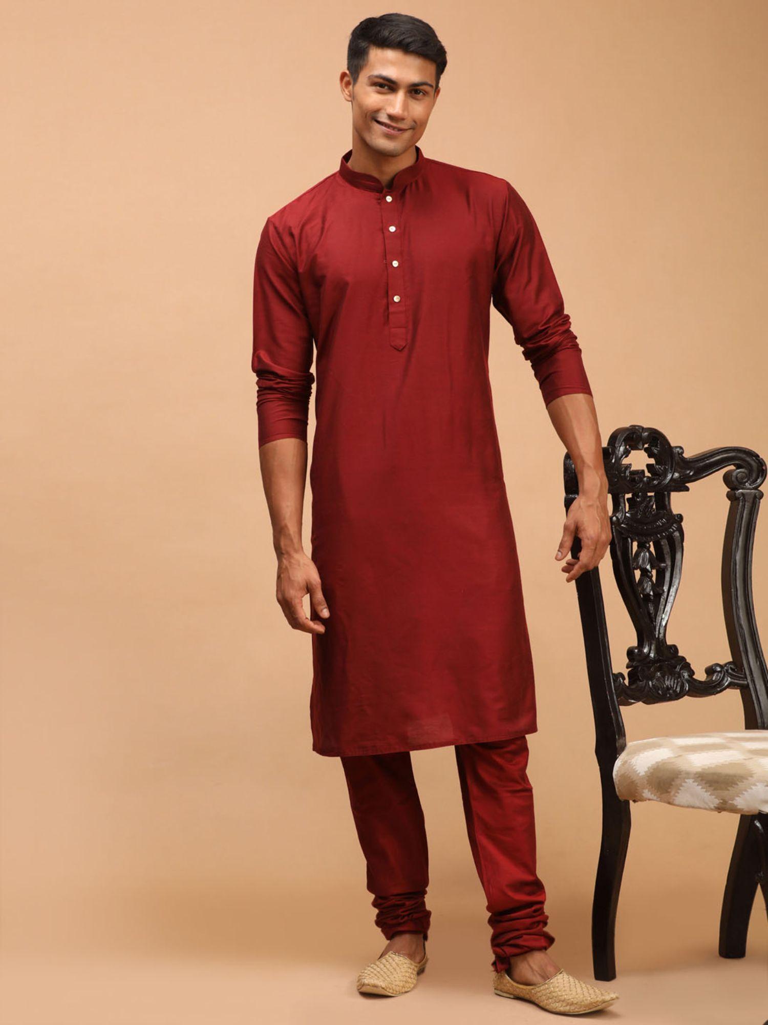 mens maroon viscose kurta and pyjama (set of 2)