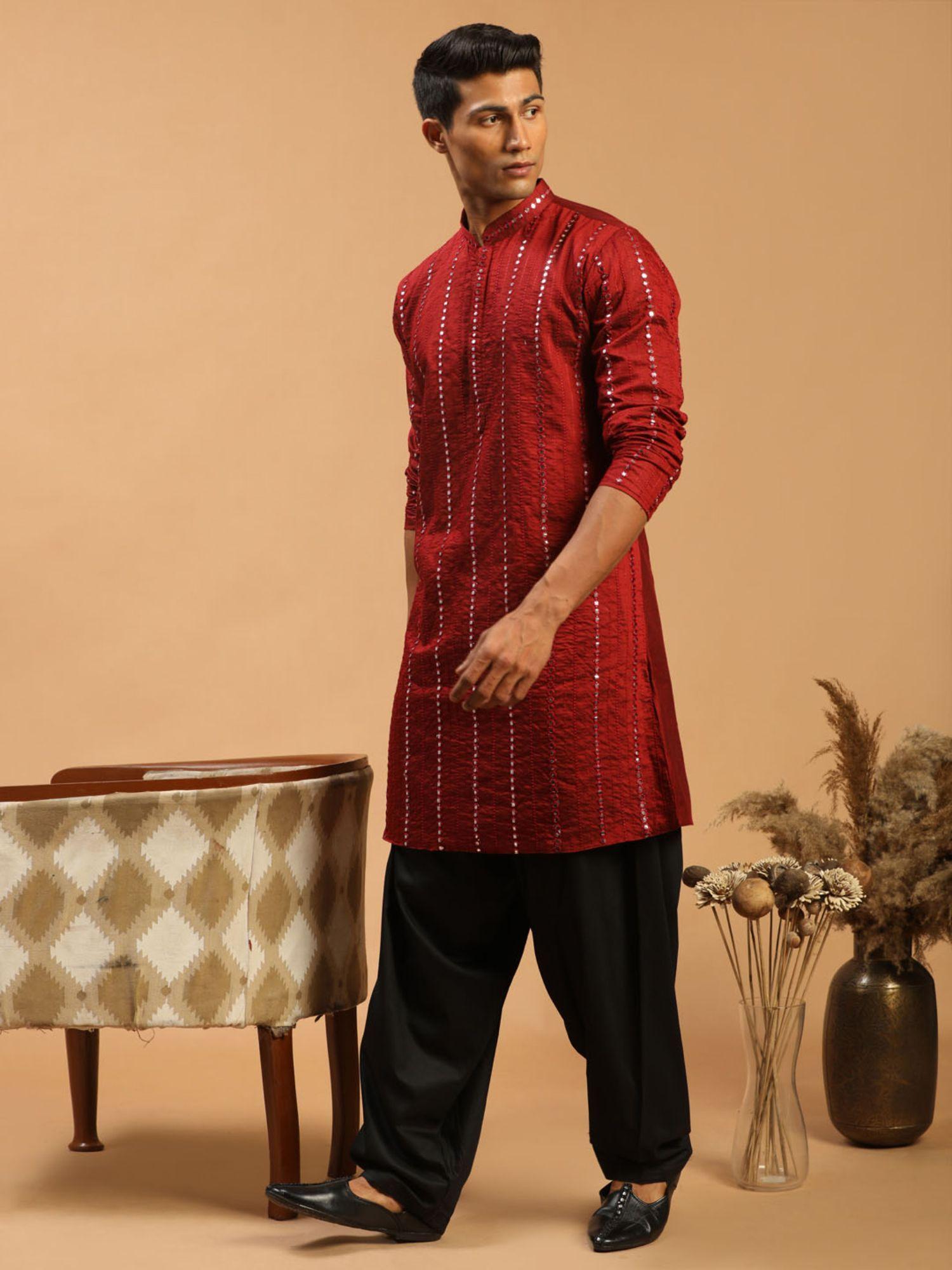 mens maroon with black viscose kurta and patiala (set of 2)