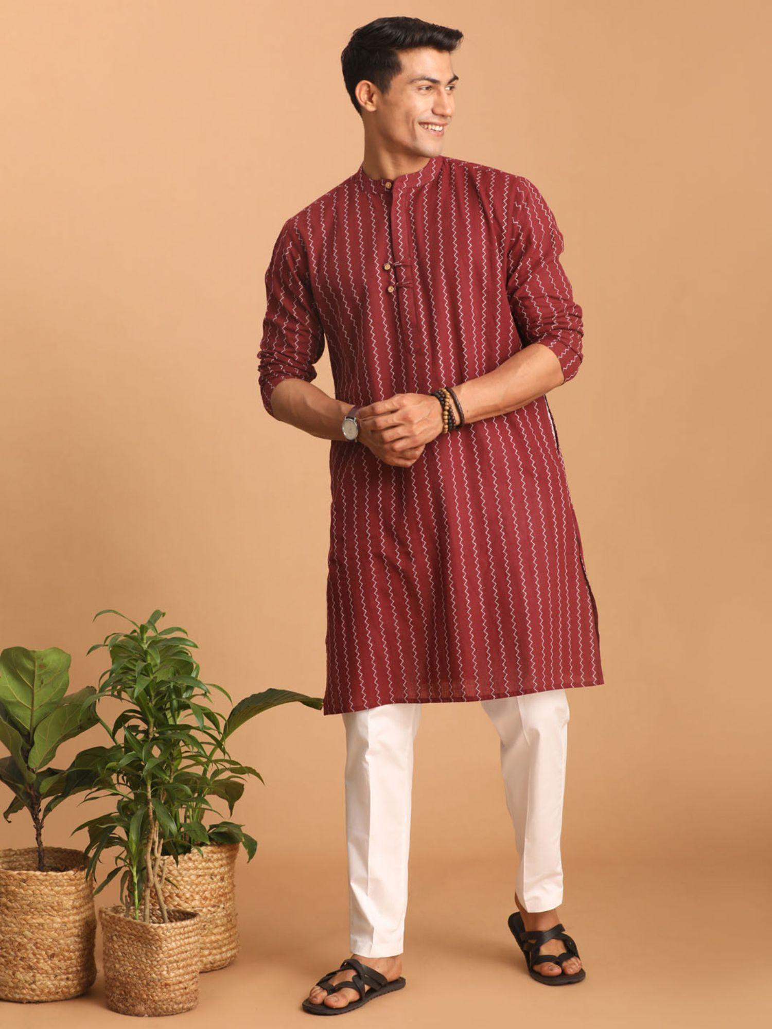 mens maroon with white cotton kurta and pyjama (set of 2)