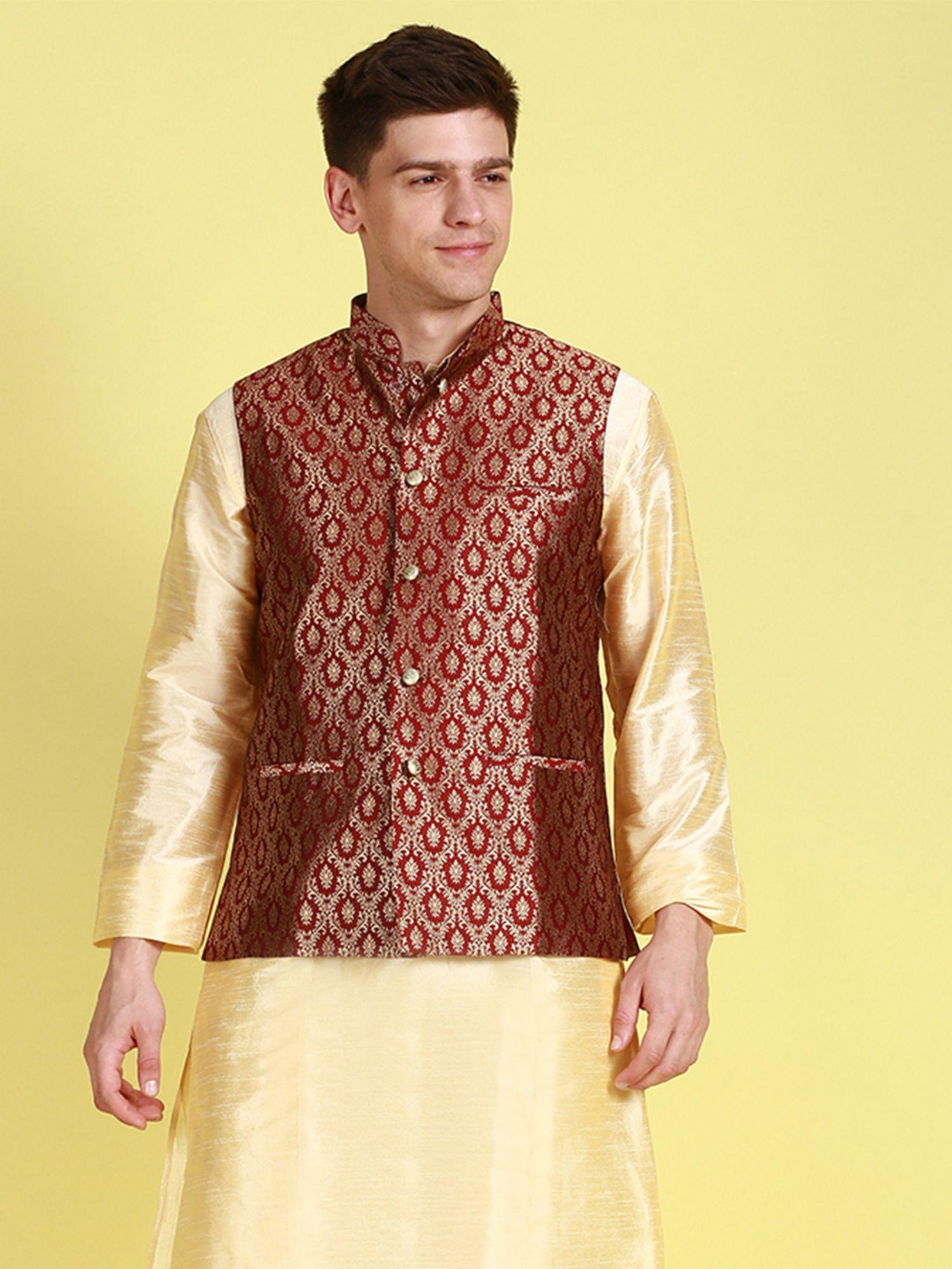 mens maroon woven floral pattern ethnic bandi jacket