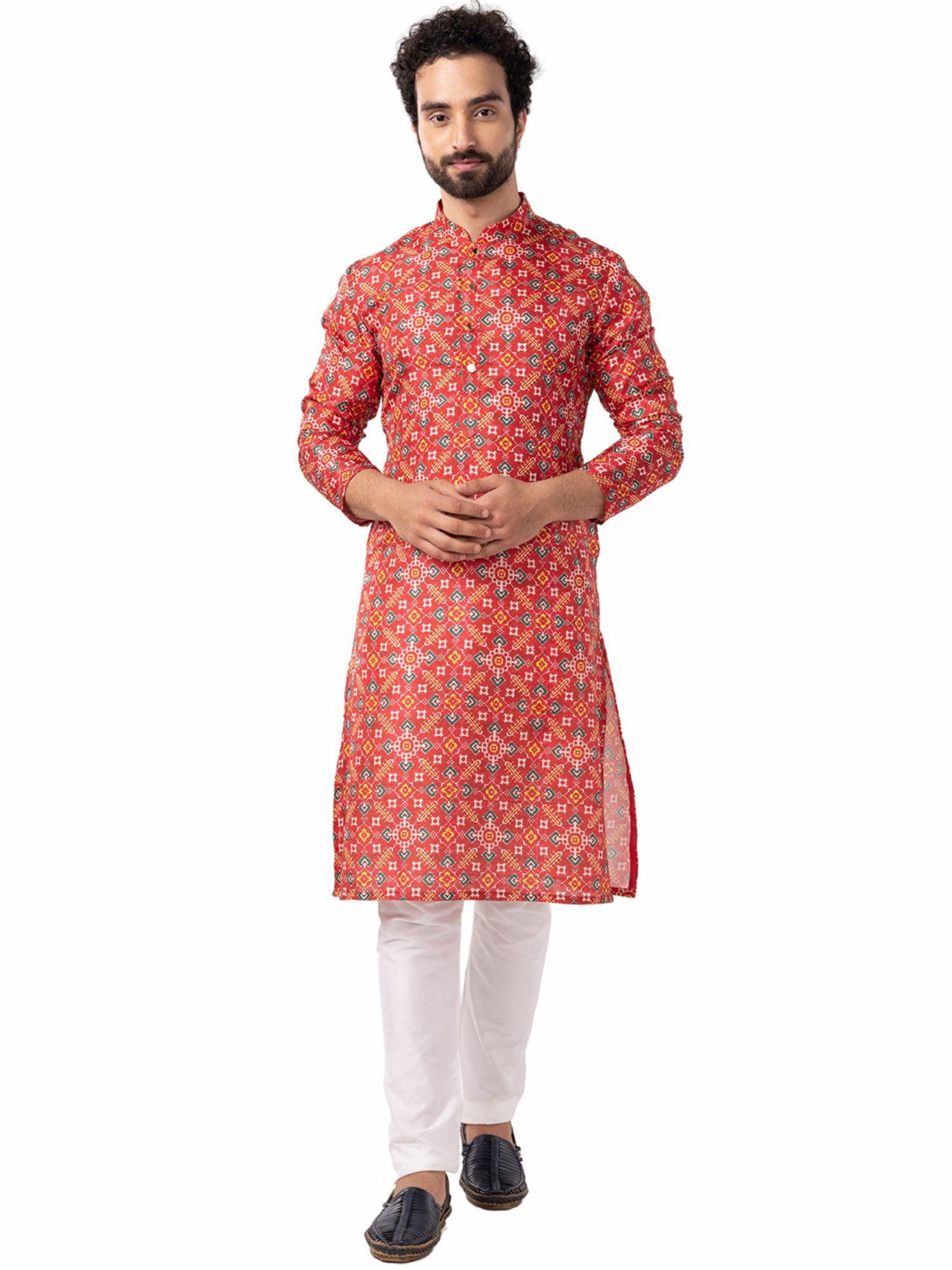 mens melon red tussar silk printed ethnic kurta