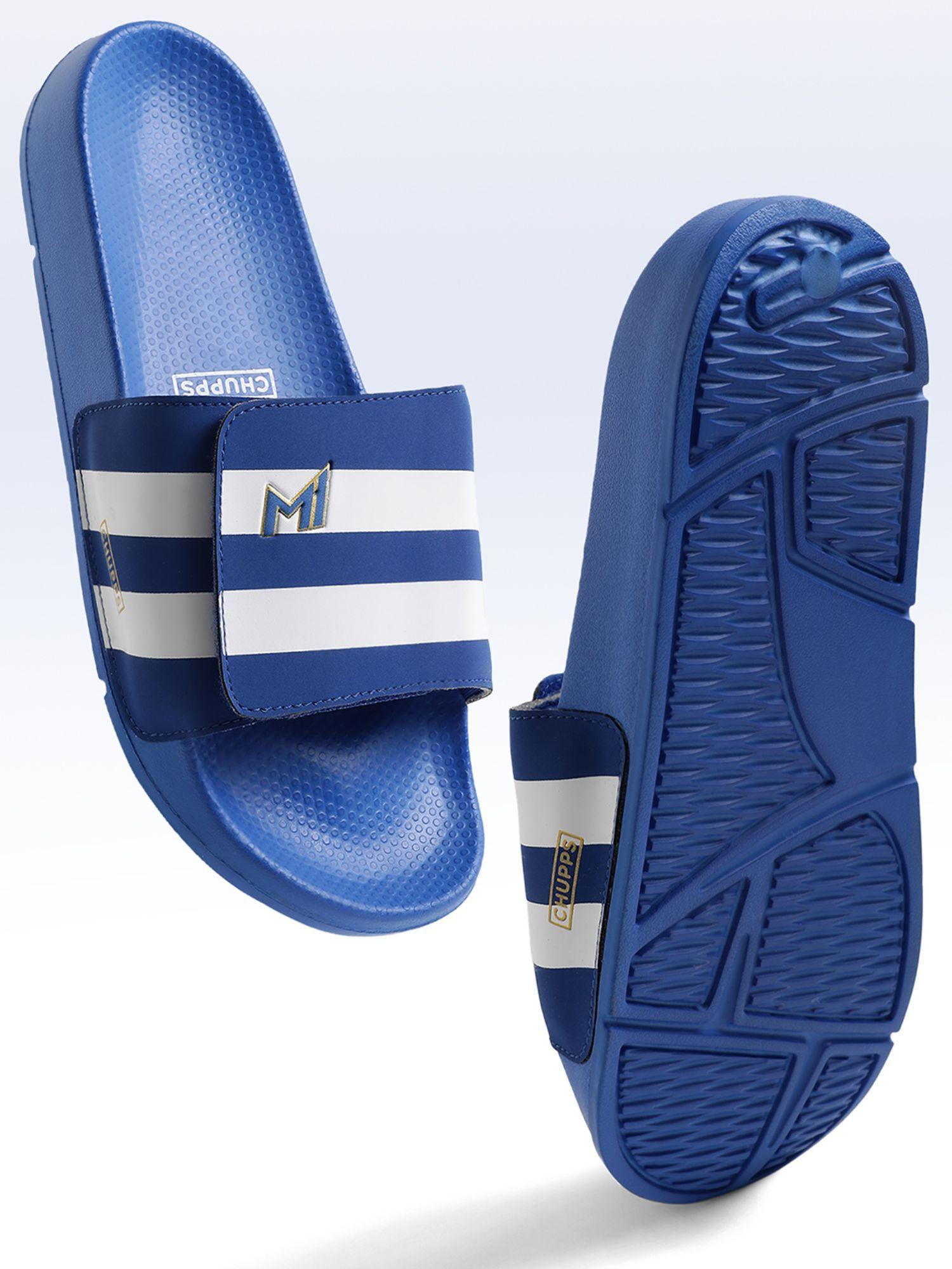 mens mi official blue velcro sliders - cheer for mumbai indians