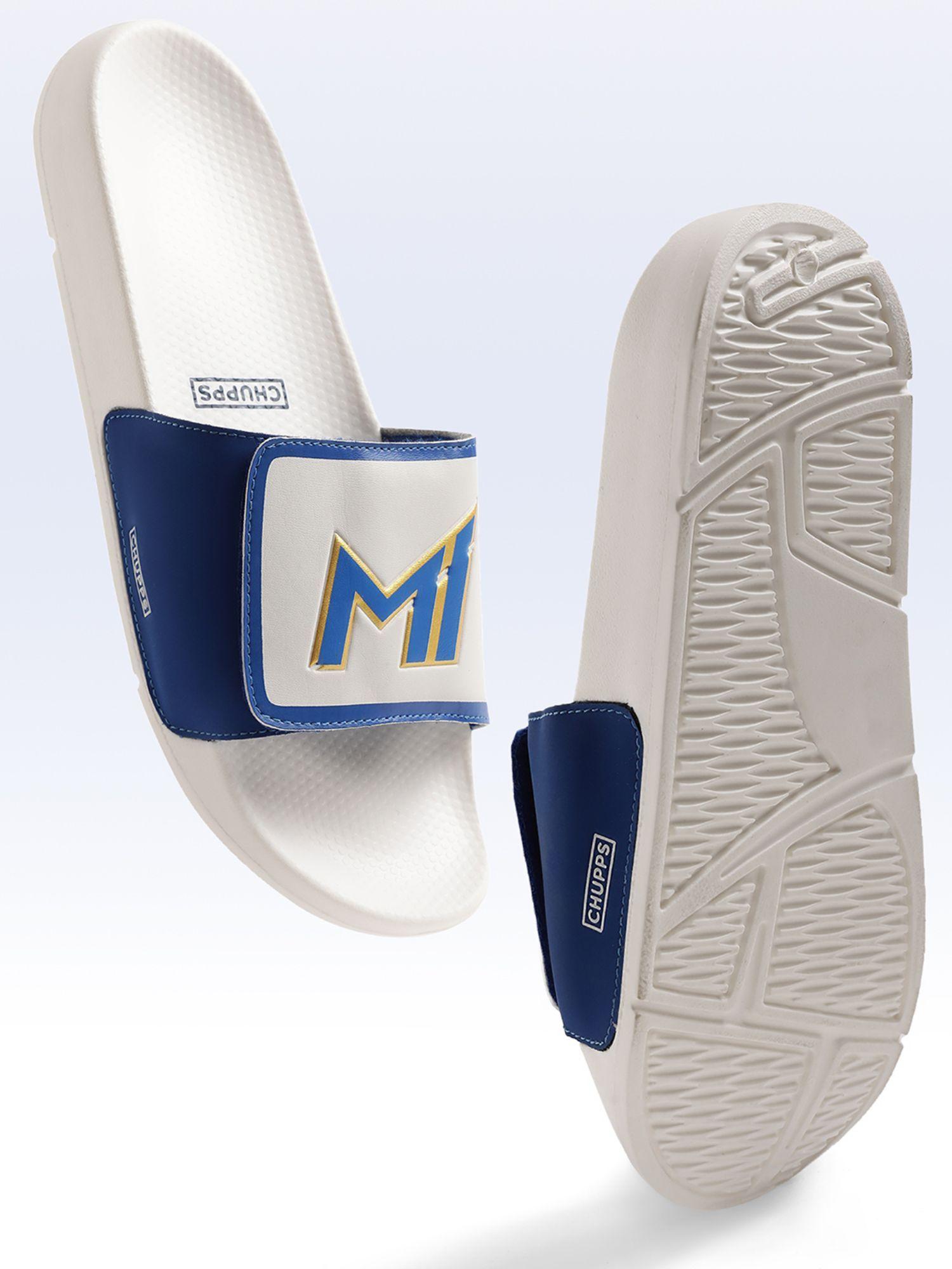 mens mi official white velcro sliders - cheer for mumbai indians