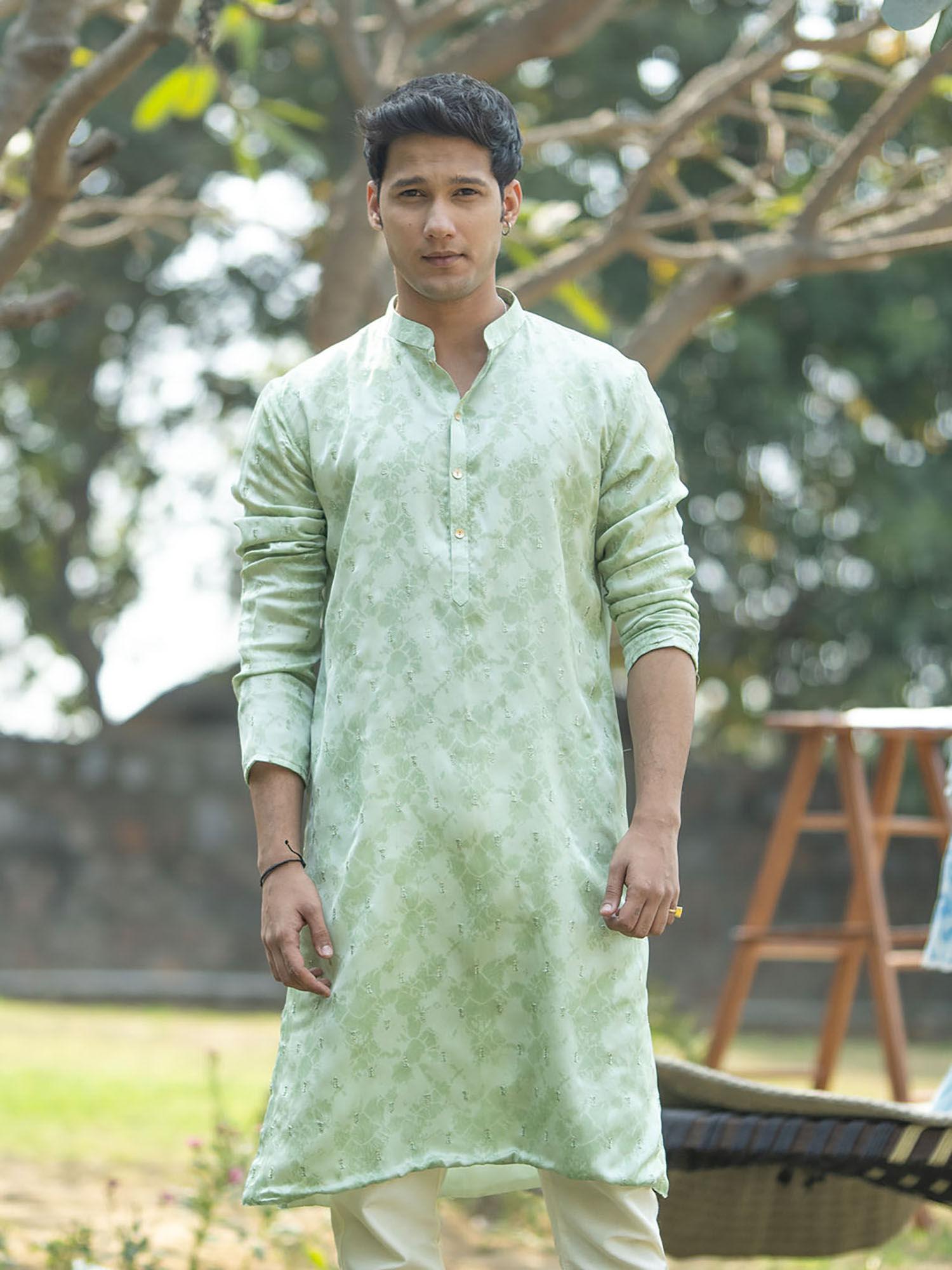 mens mint green silk blend kurta