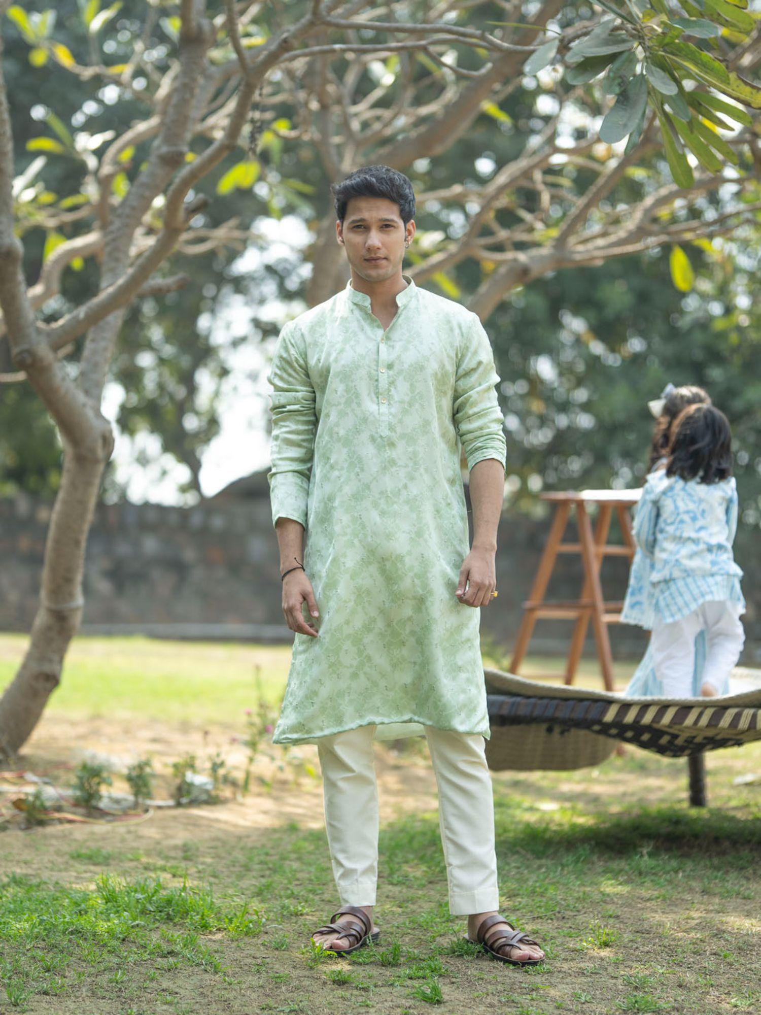 mens mint green with cream silk blend kurta and pyjama (set of 2)