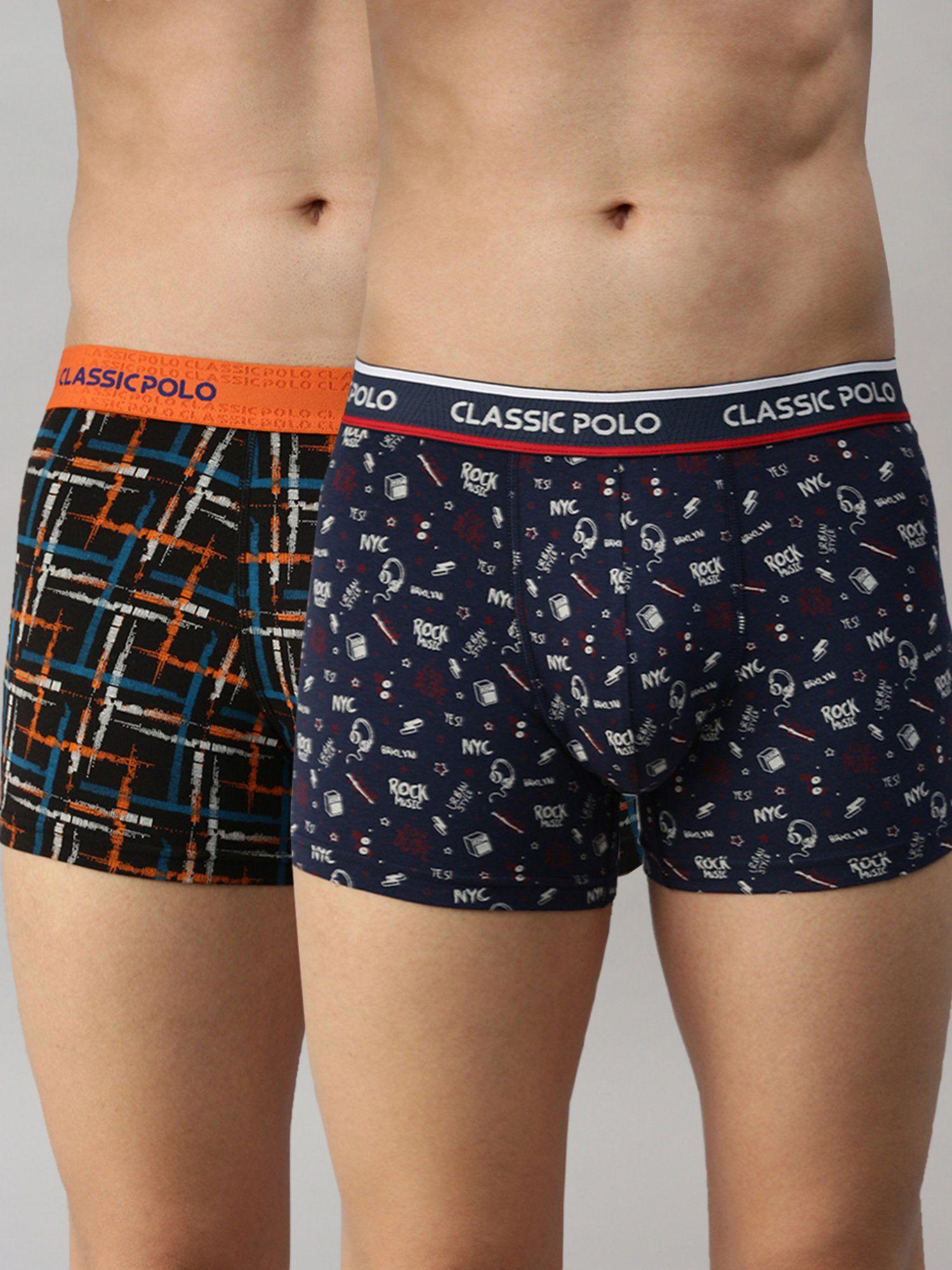 mens modal slim fit printed trunks - black & blue (pack of 2)