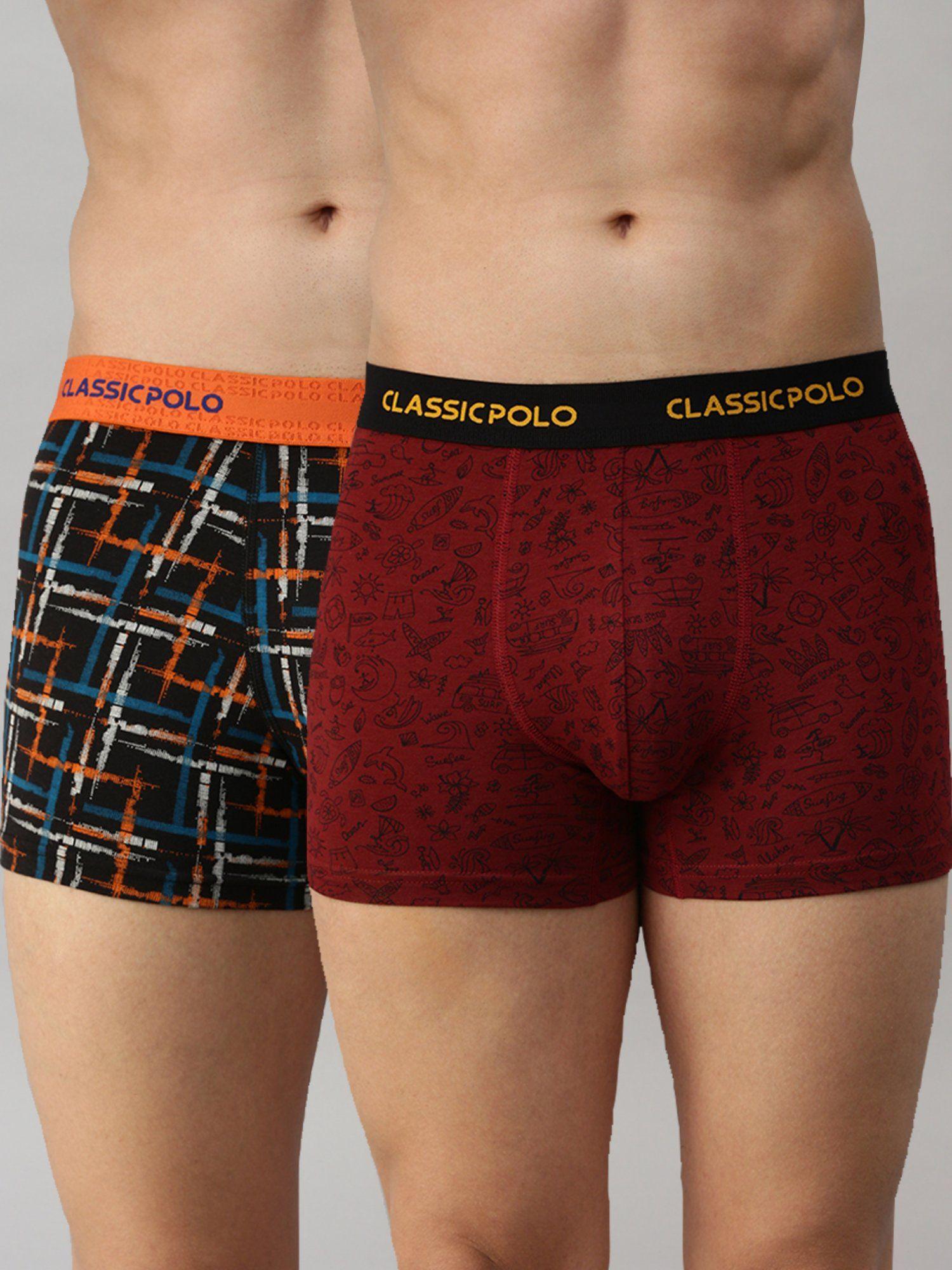 mens modal slim fit printed trunks - black & red (pack of 2)