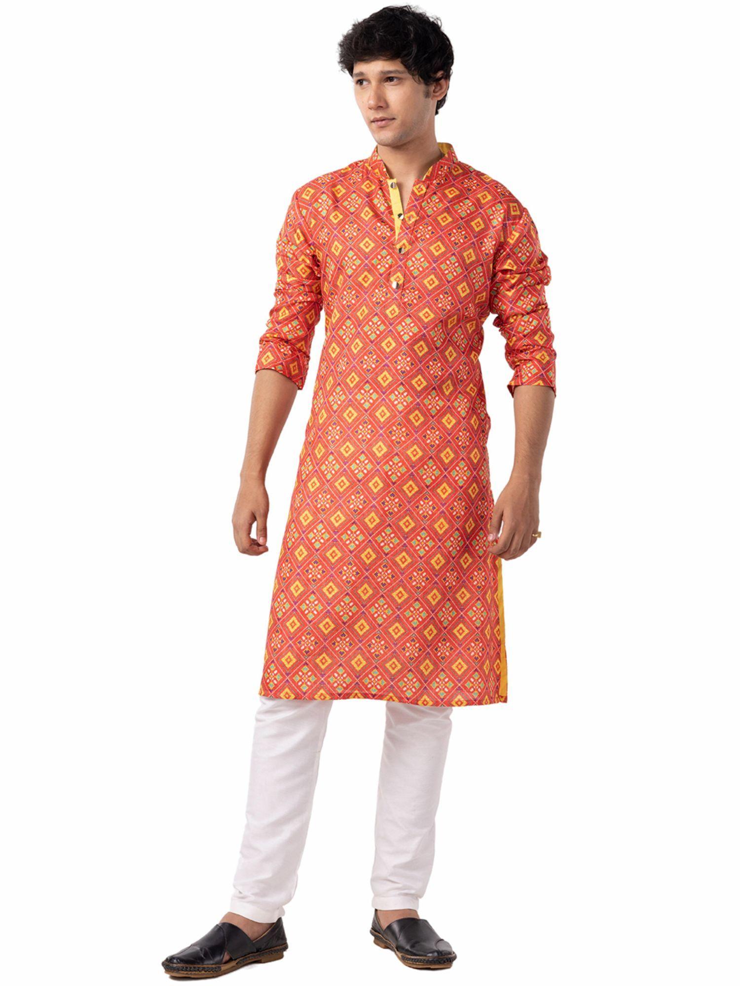 mens multi-color cotton blend printed ethnic kurta