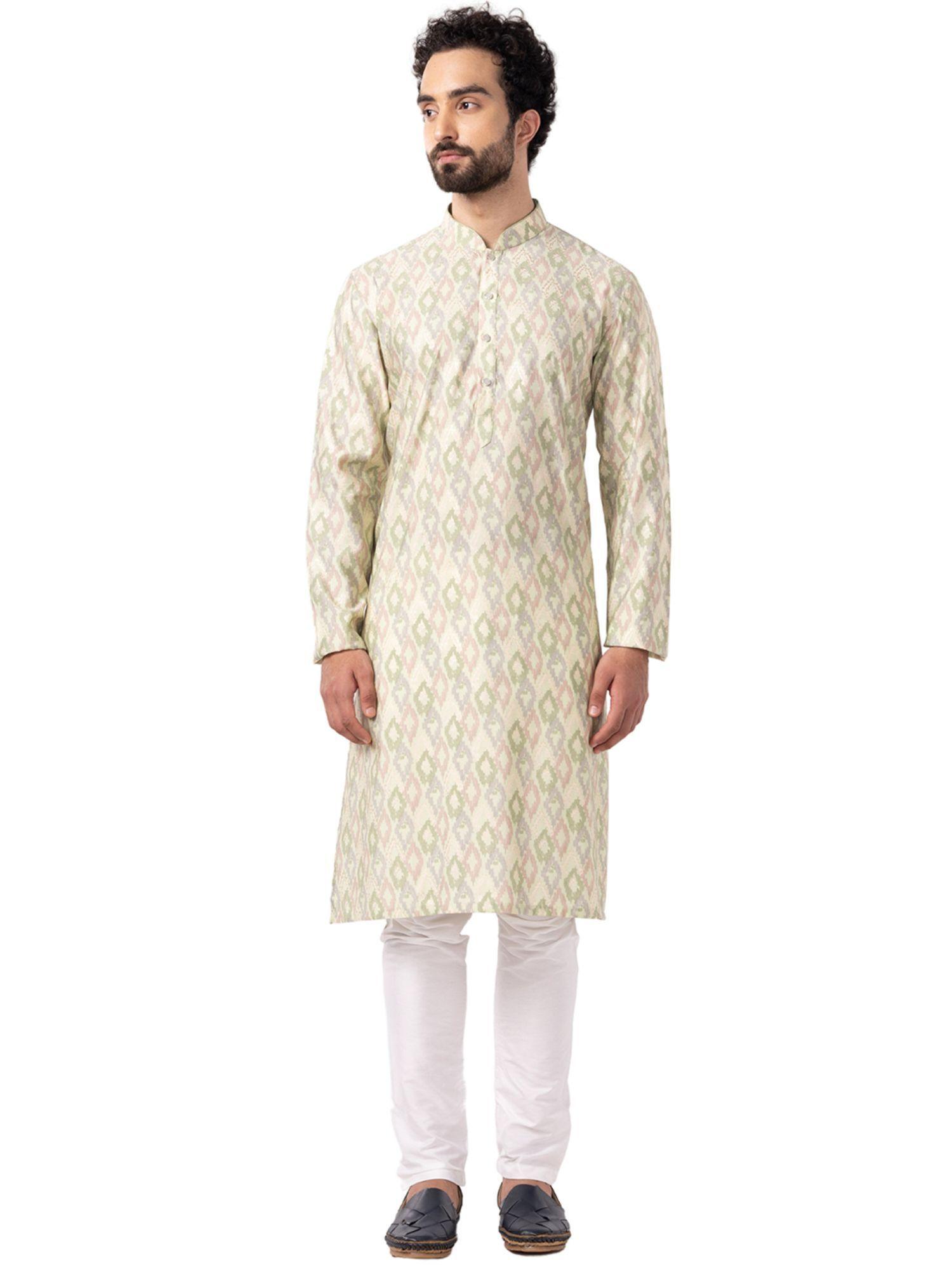 mens multi-color cotton silk blend comfort fit printed kurta