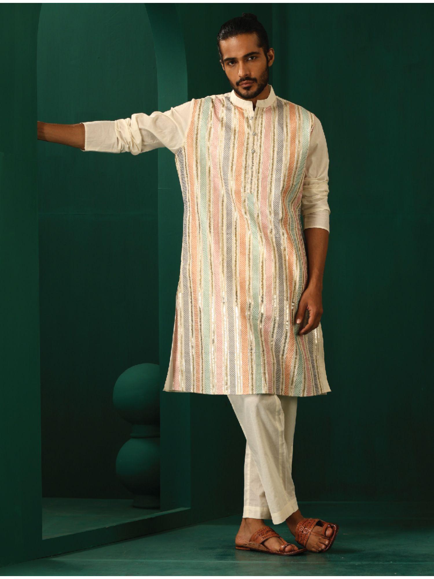 mens multi-color embroidered cotton kurta